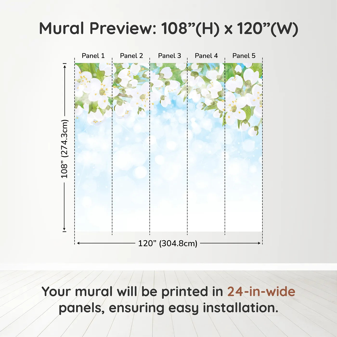 Whimsy Tots Spring Blossom Sky Wall Muraldimension view (108" H x 120" W). Printed in five 24-inch-wide panels. Gender-Neutral