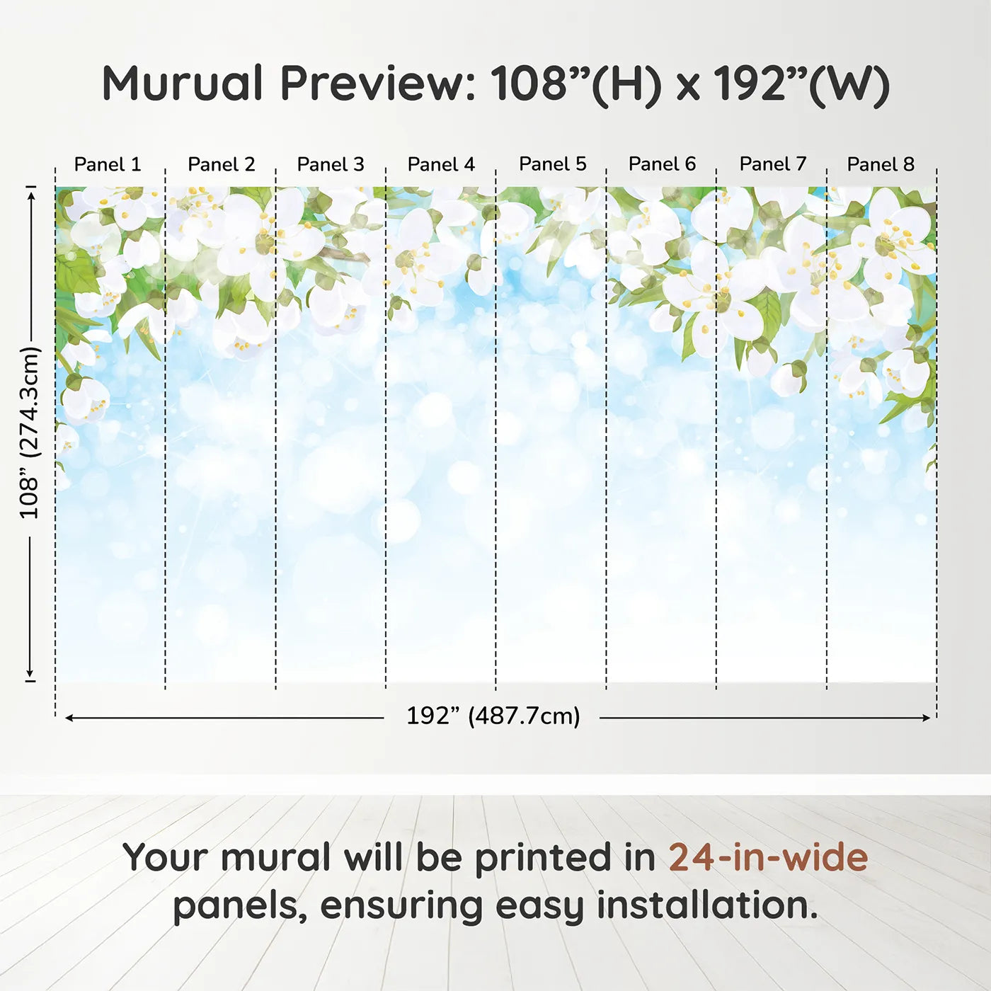 Whimsy Tots Spring Blossom Sky Wall Muraldimension view (108" H x 192" W). Printed in eight 24-inch-wide panels. Gender-Neutral