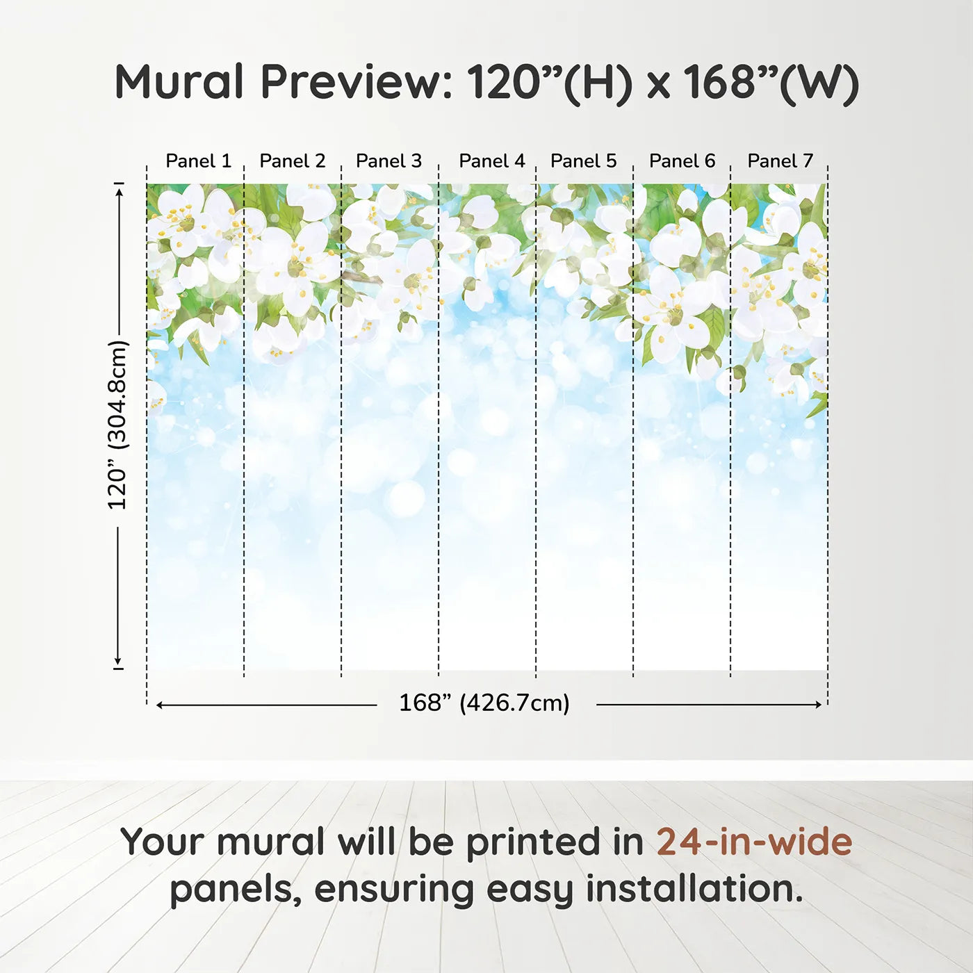 Whimsy Tots Spring Blossom Sky Wall Muraldimension view (120" H x 168" W). Printed in seven 24-inch-wide panels. Gender-Neutral