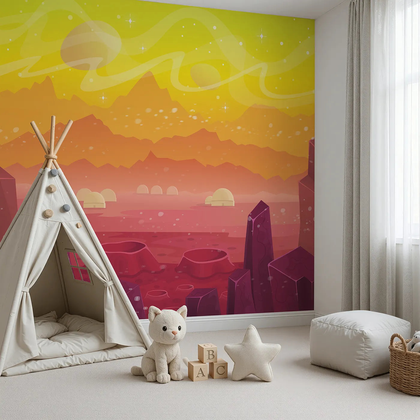 Angled view of Whimsy Tots' Cosmic Craters Planet Wall Mural in Orange (Turn Their Room into an Interstellar Adventure).Gender-Neutral