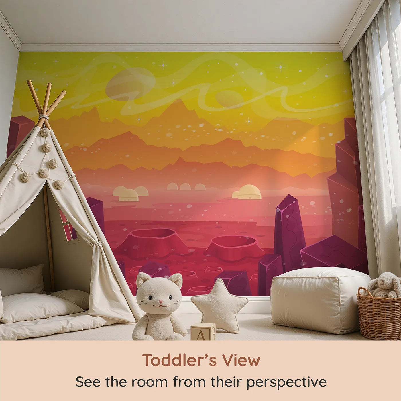 Whimsy Tots Cosmic Craters Planet Wall Mural in Orange (Turn Their Room into an Interstellar Adventure) from your child's view.Gender-Neutral