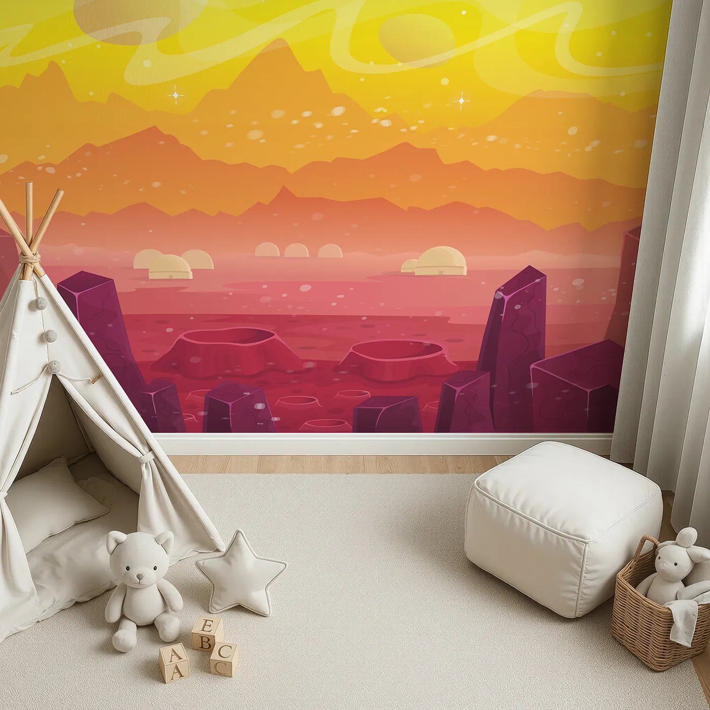 Top-down view of Whimsy Tots' Cosmic Craters Planet Wall Mural in Orange (Turn Their Room into an Interstellar Adventure).Gender-Neutral