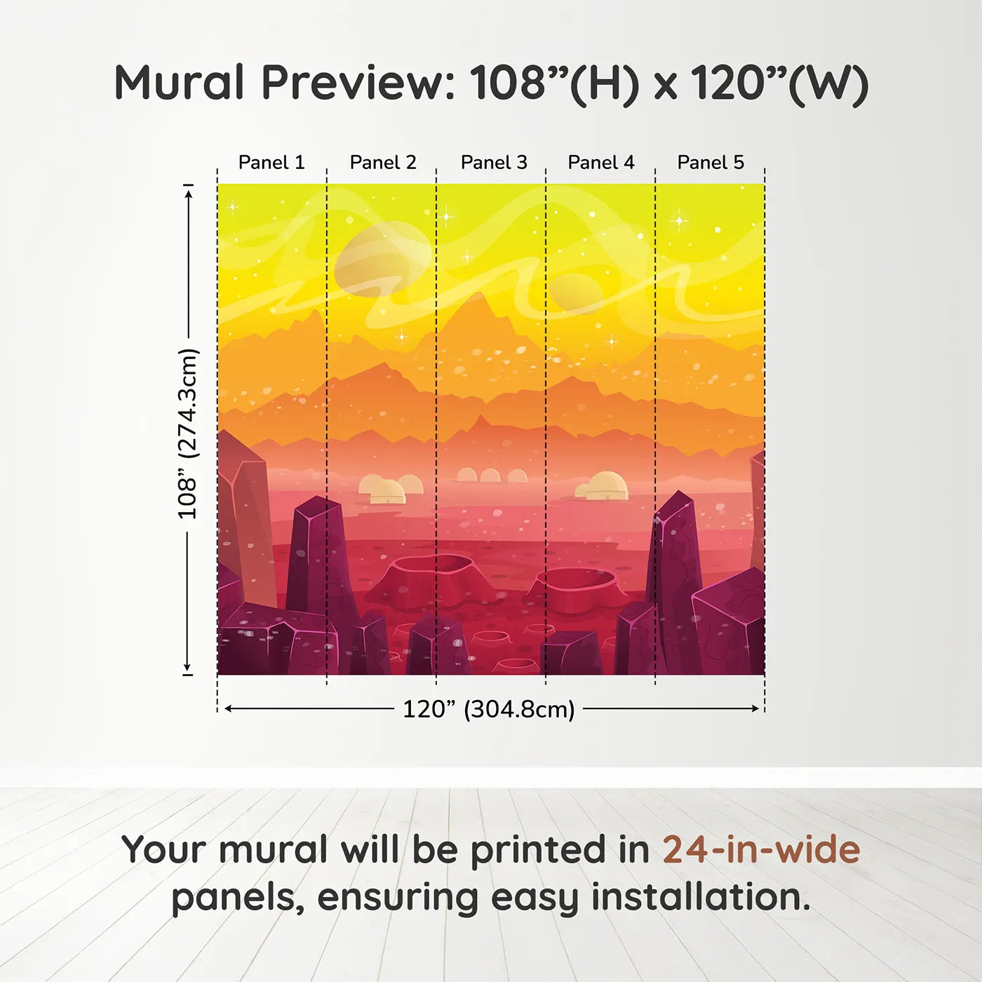 Whimsy Tots Cosmic Craters Planet Wall Mural in Orangedimension view (108" H x 120" W). Printed in five 24-inch-wide panels. Gender-Neutral