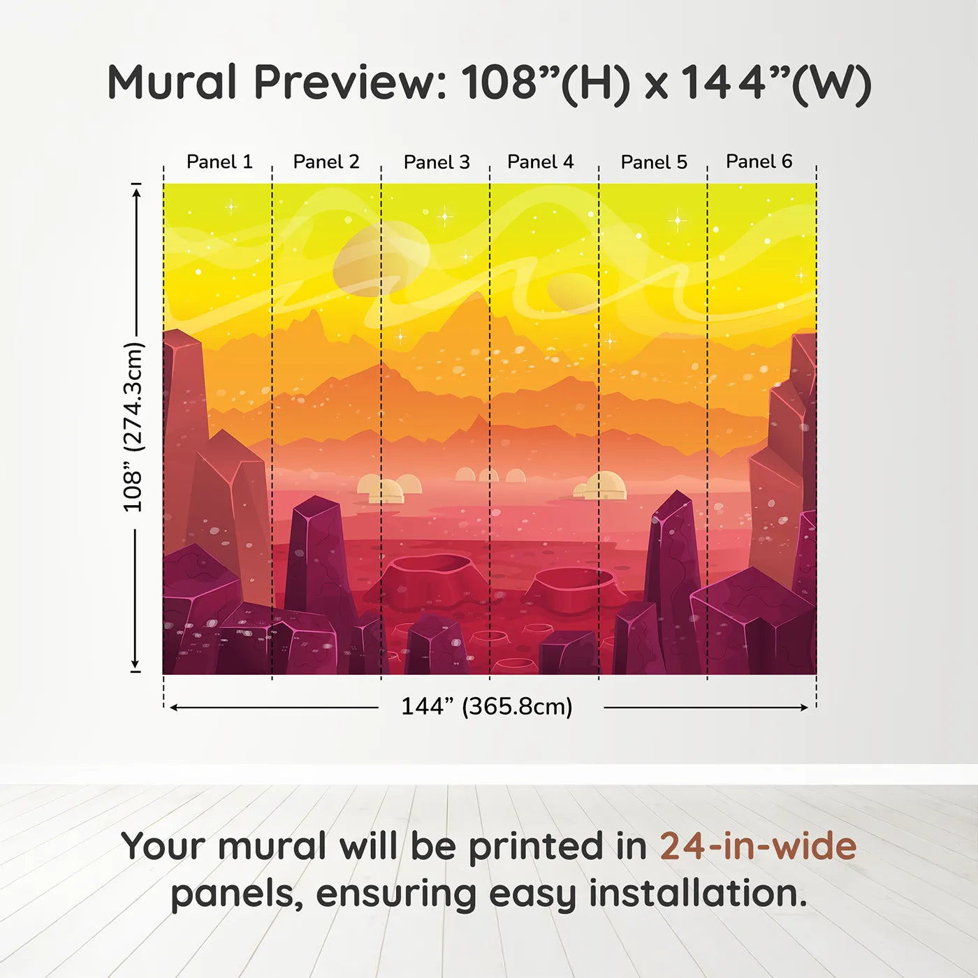 Whimsy Tots Cosmic Craters Planet Wall Mural in Orangedimension view (108" H x 144" W). Printed in six 24-inch-wide panels. Gender-Neutral