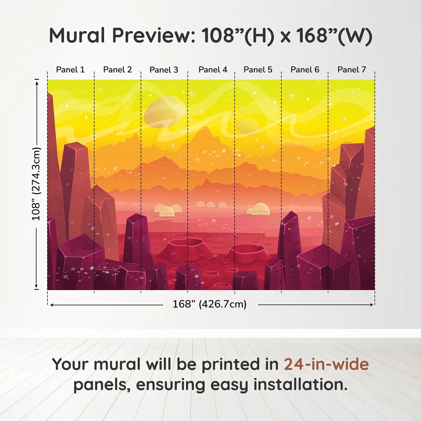 Whimsy Tots Cosmic Craters Planet Wall Mural in Orangedimension view (108" H x 168" W). Printed in seven 24-inch-wide panels. Gender-Neutral