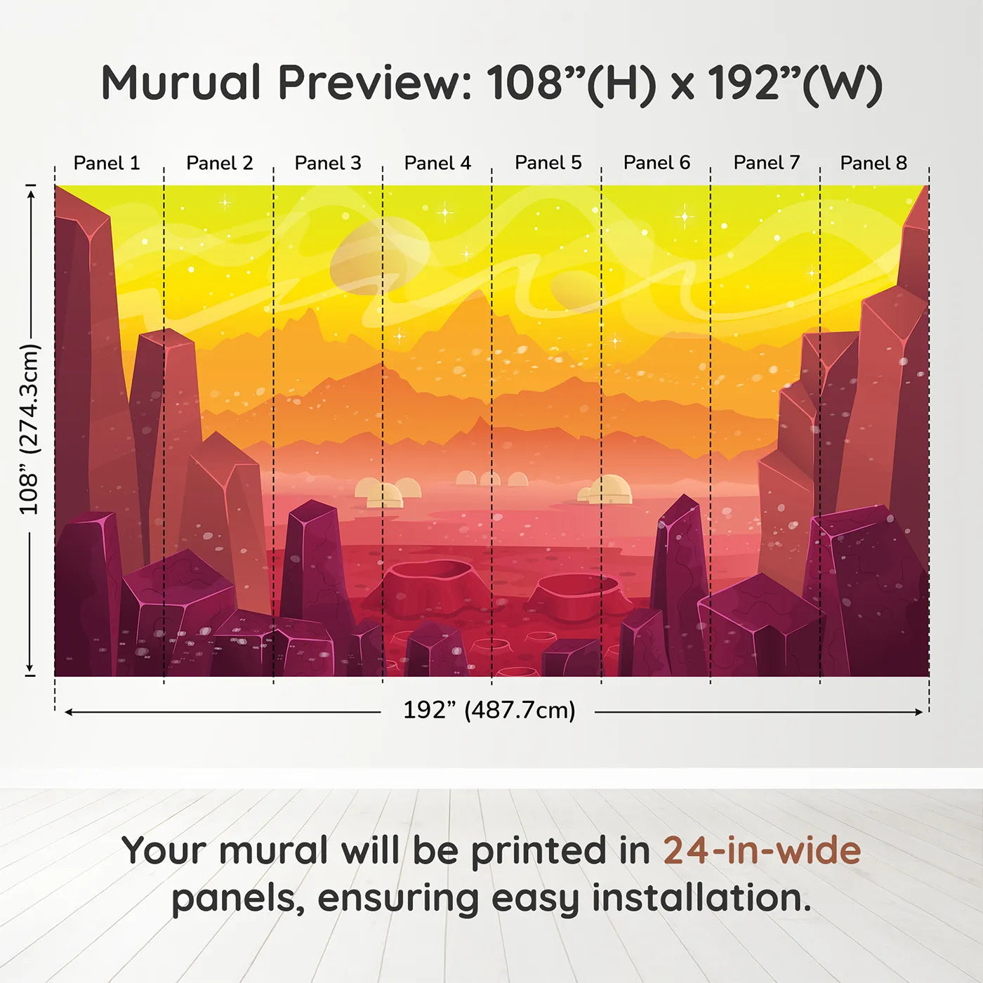 Whimsy Tots Cosmic Craters Planet Wall Mural in Orangedimension view (108" H x 192" W). Printed in eight 24-inch-wide panels. Gender-Neutral