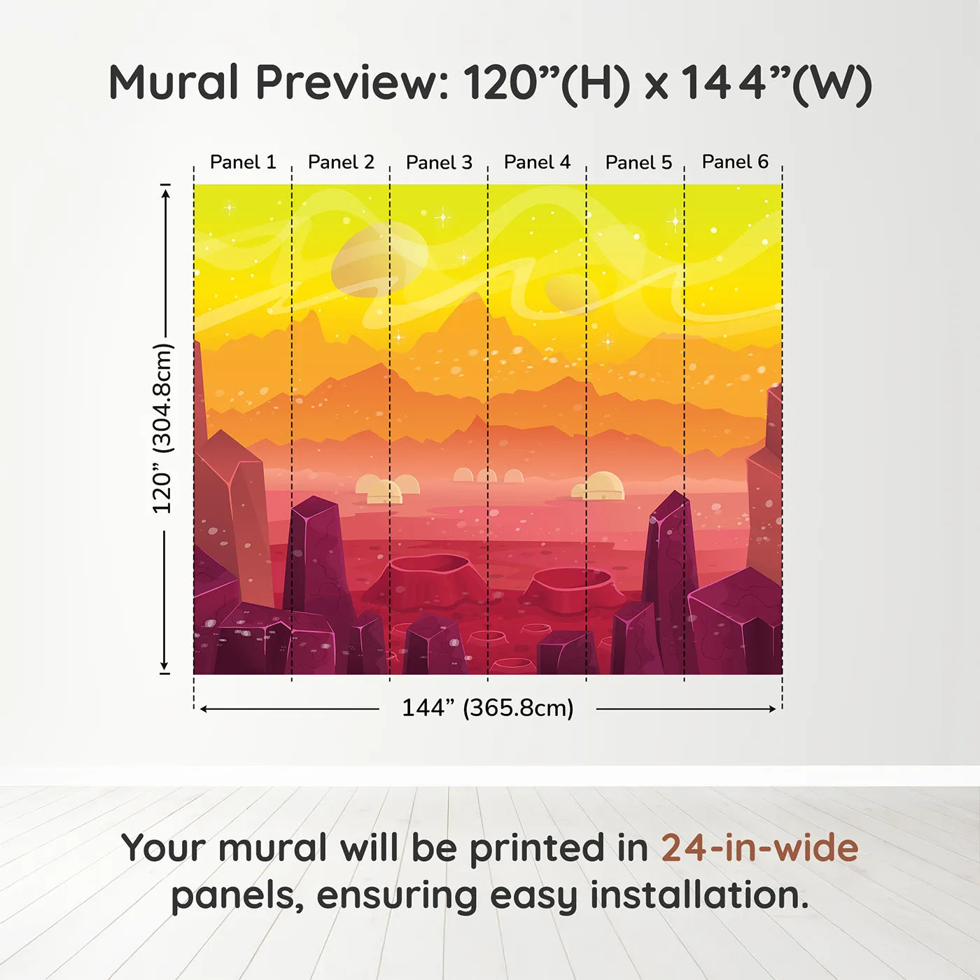 Whimsy Tots Cosmic Craters Planet Wall Mural in Orangedimension view (120" H x 144" W). Printed in six 24-inch-wide panels. Gender-Neutral
