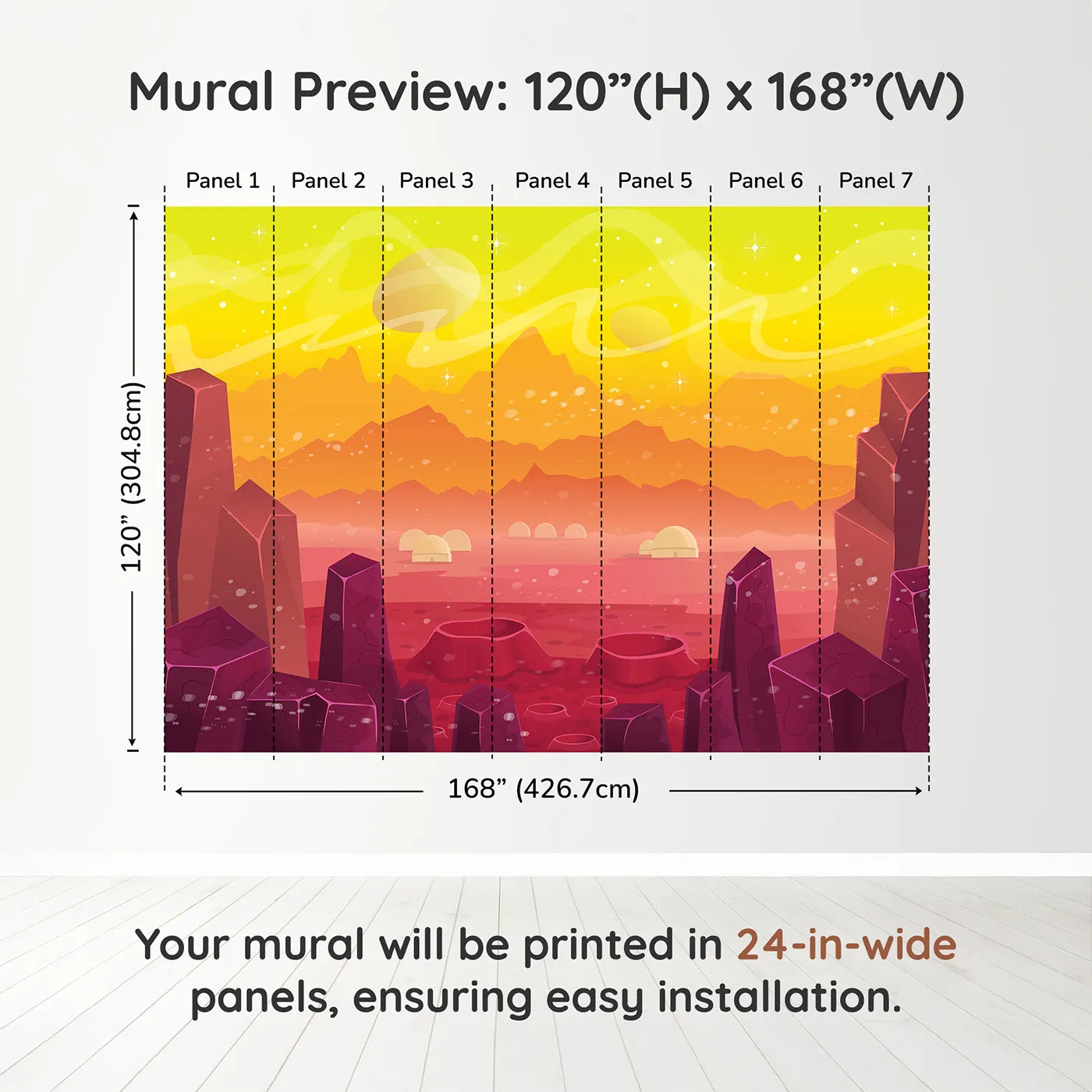 Whimsy Tots Cosmic Craters Planet Wall Mural in Orangedimension view (120" H x 168" W). Printed in seven 24-inch-wide panels. Gender-Neutral