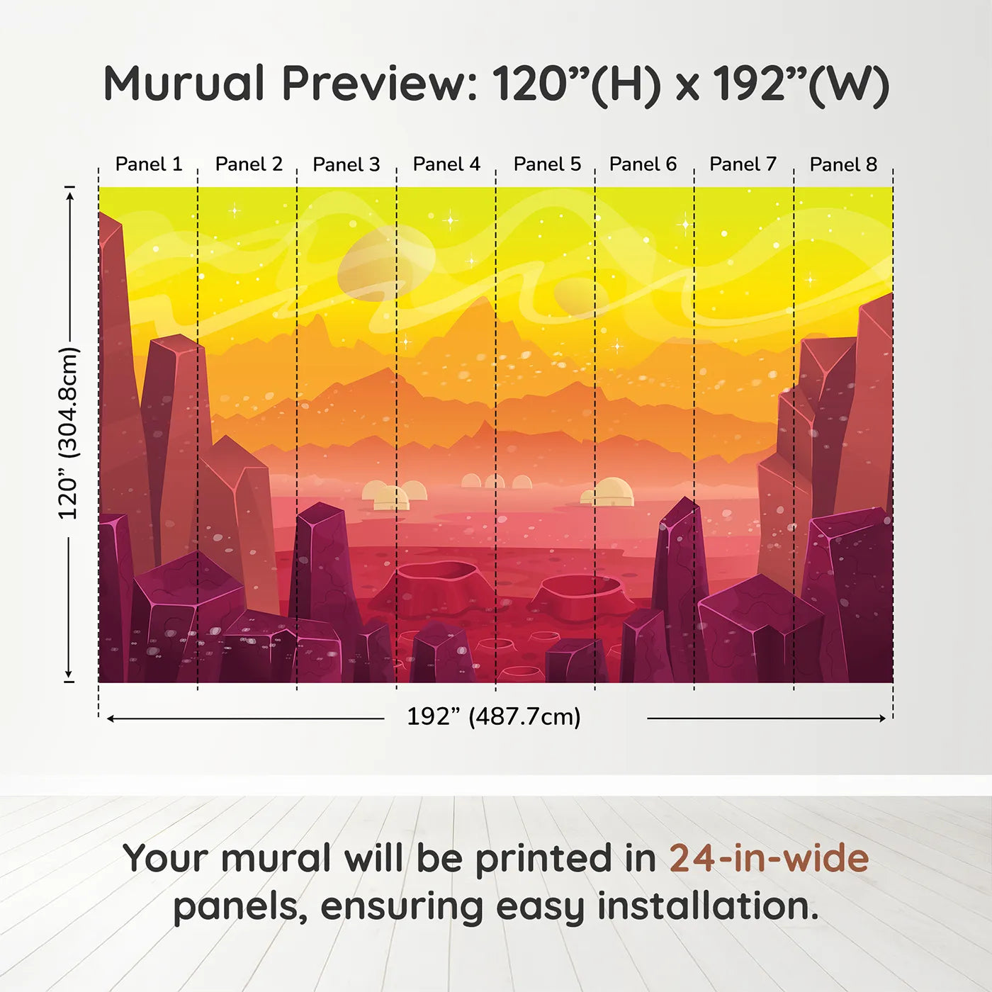 Whimsy Tots Cosmic Craters Planet Wall Mural in Orangedimension view (120" H x 192" W). Printed in eight 24-inch-wide panels. Gender-Neutral