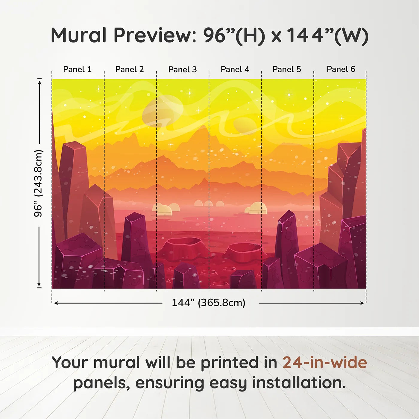 Whimsy Tots Cosmic Craters Planet Wall Mural in Orangedimension view (96" H x 144" W). Printed in six 24-inch-wide panels. Gender-Neutral