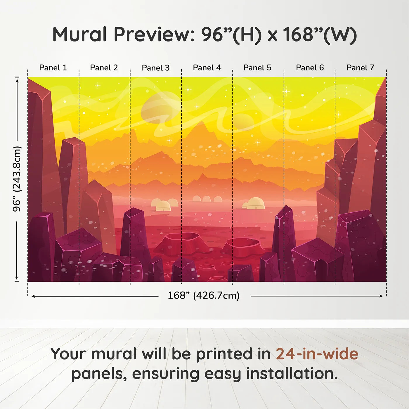 Whimsy Tots Cosmic Craters Planet Wall Mural in Orangedimension view (96" H x 168" W). Printed in seven 24-inch-wide panels. Gender-Neutral