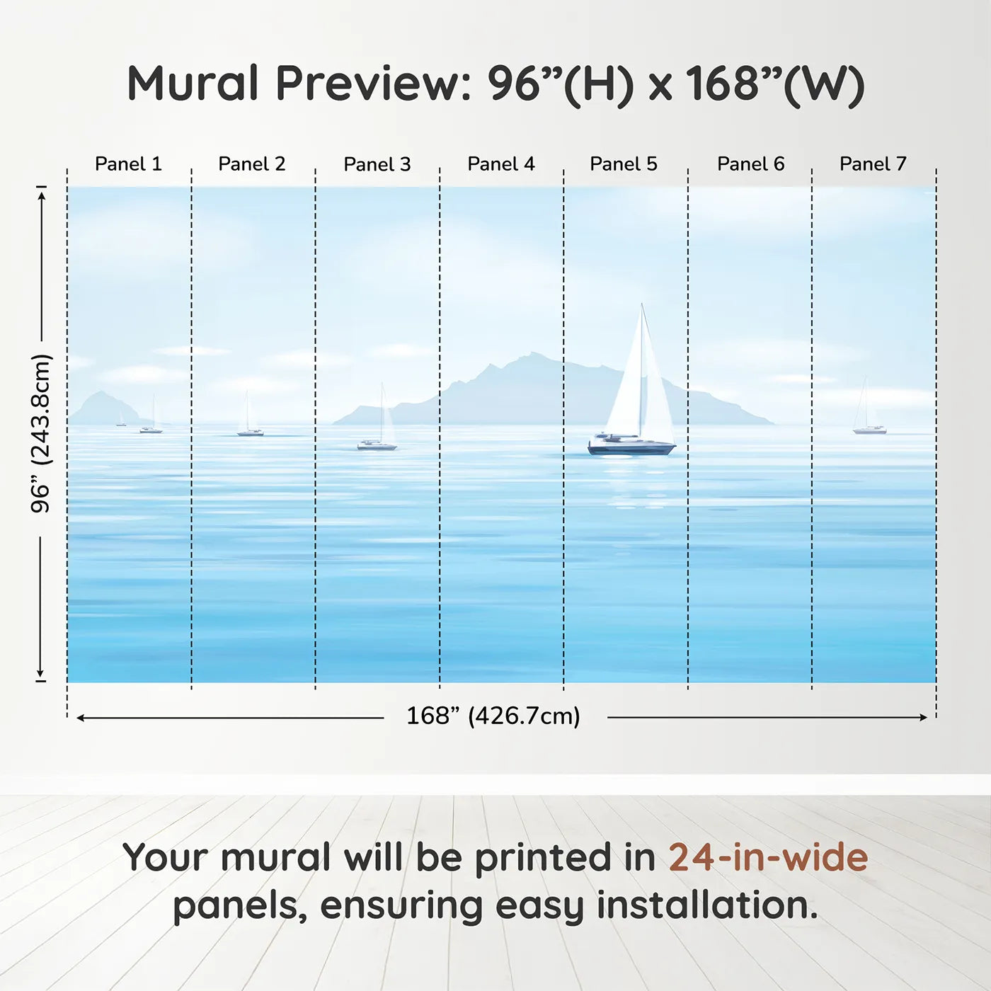 Whimsy Tots Misty Morning Sailboats Wall Muraldimension view (96" H x 168" W). Printed in seven 24-inch-wide panels. Gender-Neutral