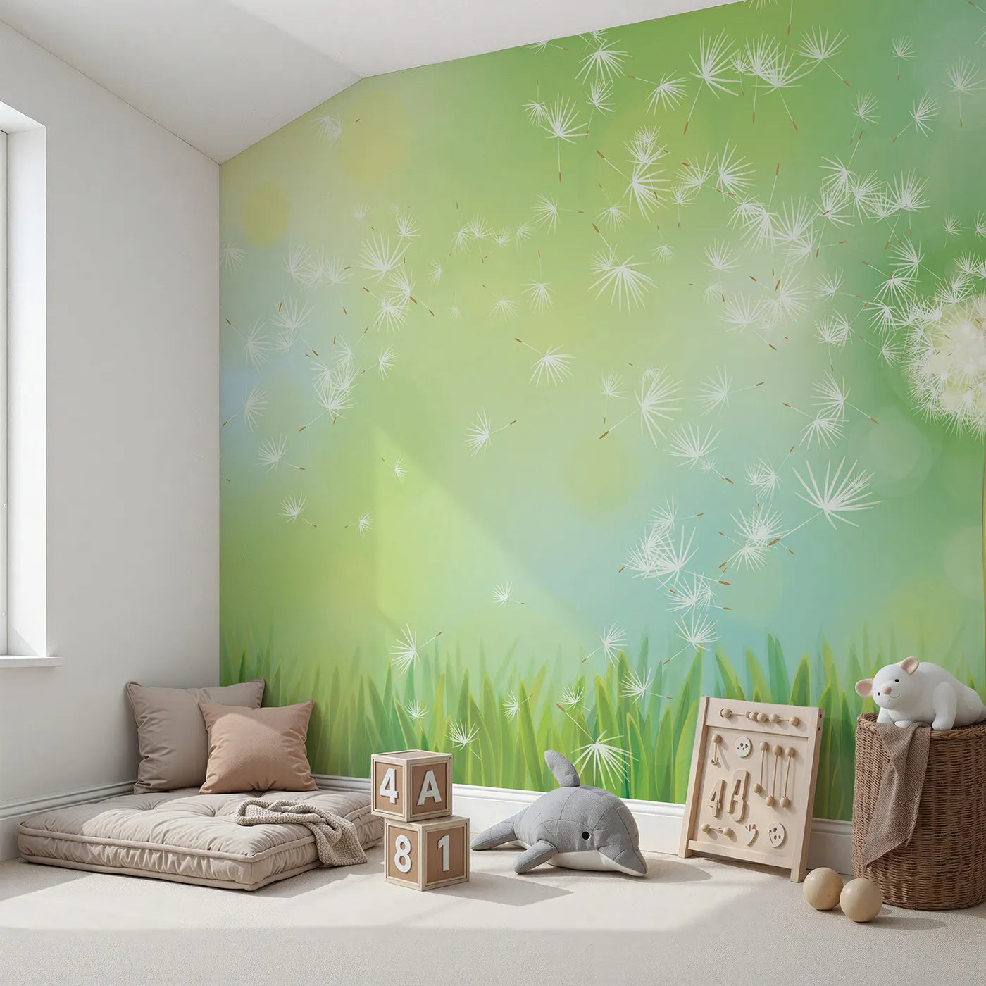 Angled view of Whimsy Tots' Dandelion Wishes Wall Mural (Turn Their Room into a Place to Dream and Grow).Gender-Neutral