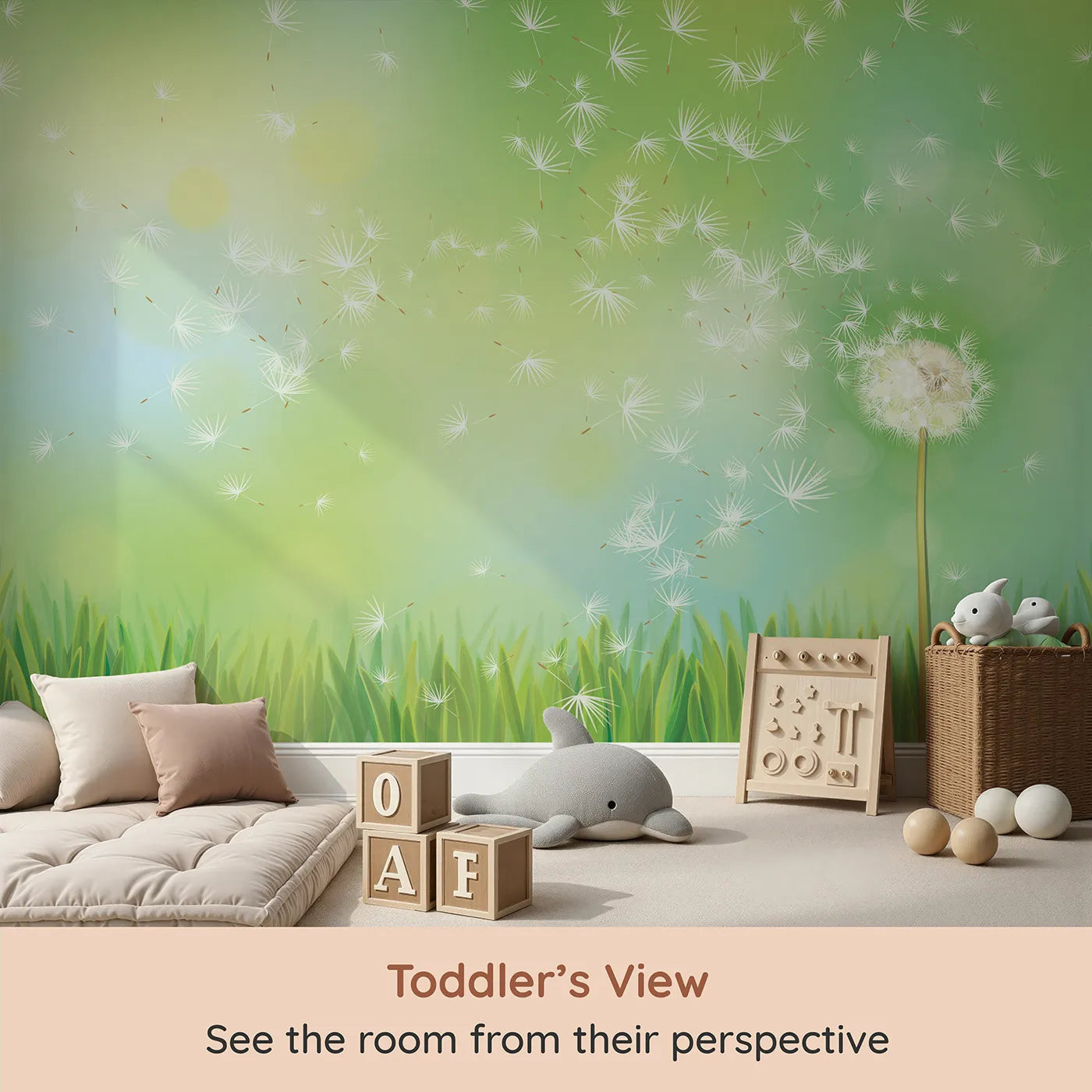 Whimsy Tots Dandelion Wishes Wall Mural (Turn Their Room into a Place to Dream and Grow) from your child's view.Gender-Neutral