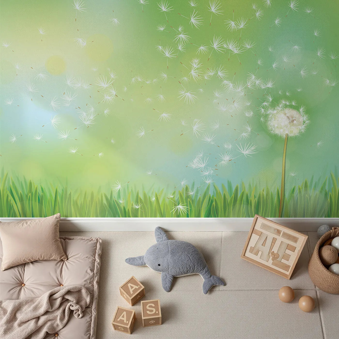 Top-down view of Whimsy Tots' Dandelion Wishes Wall Mural (Turn Their Room into a Place to Dream and Grow).Gender-Neutral