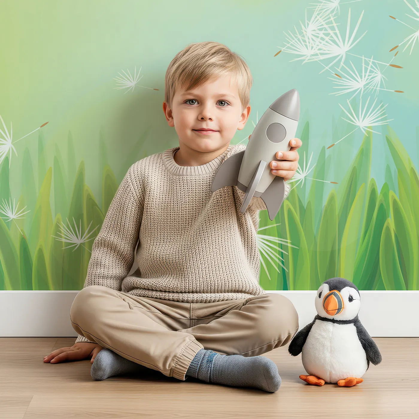 Child in front of Whimsy Tots Dandelion Wishes Wall Mural with dandelion, seed, flower, wish, wind, grass, nature in design.
