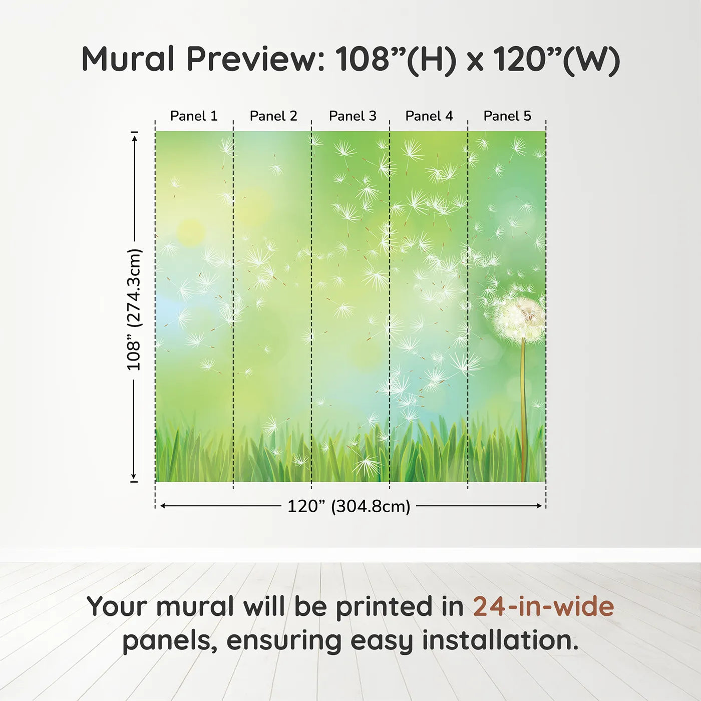 Whimsy Tots Dandelion Wishes Wall Muraldimension view (108" H x 120" W). Printed in five 24-inch-wide panels. Gender-Neutral