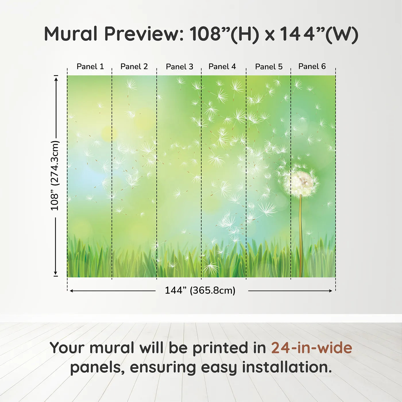 Whimsy Tots Dandelion Wishes Wall Muraldimension view (108" H x 144" W). Printed in six 24-inch-wide panels. Gender-Neutral