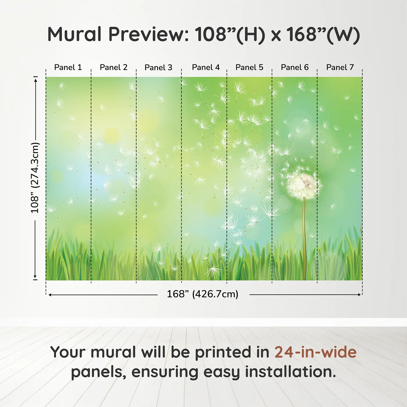 Whimsy Tots Dandelion Wishes Wall Muraldimension view (108" H x 168" W). Printed in seven 24-inch-wide panels. Gender-Neutral