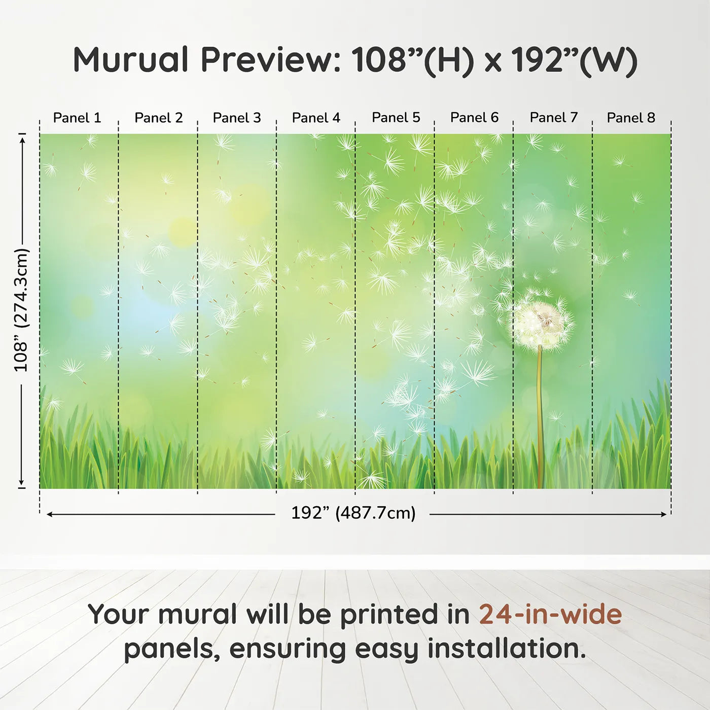 Whimsy Tots Dandelion Wishes Wall Muraldimension view (108" H x 192" W). Printed in eight 24-inch-wide panels. Gender-Neutral