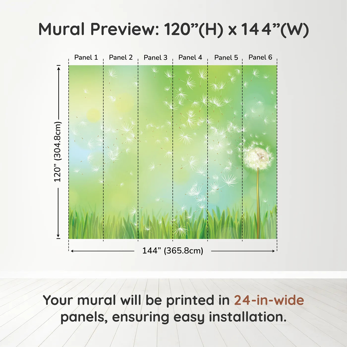 Whimsy Tots Dandelion Wishes Wall Muraldimension view (120" H x 144" W). Printed in six 24-inch-wide panels. Gender-Neutral