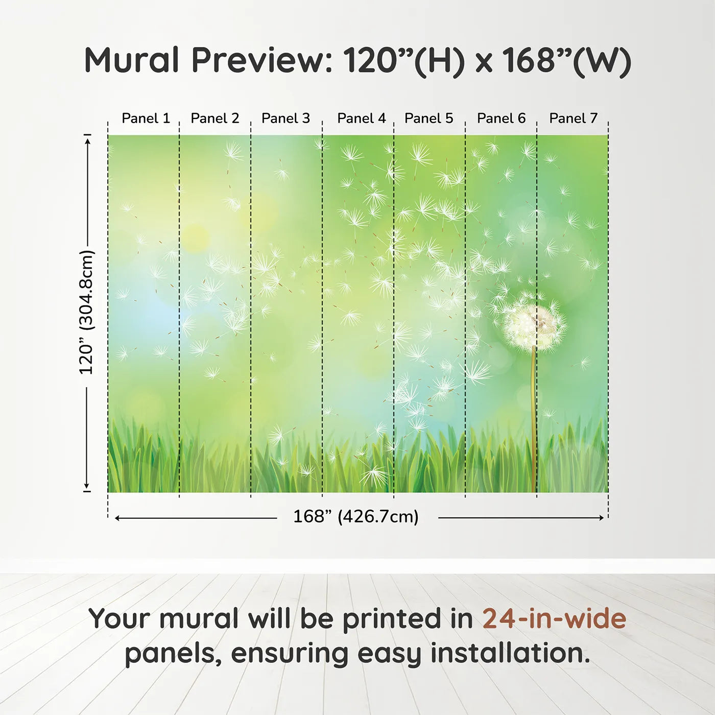 Whimsy Tots Dandelion Wishes Wall Muraldimension view (120" H x 168" W). Printed in seven 24-inch-wide panels. Gender-Neutral