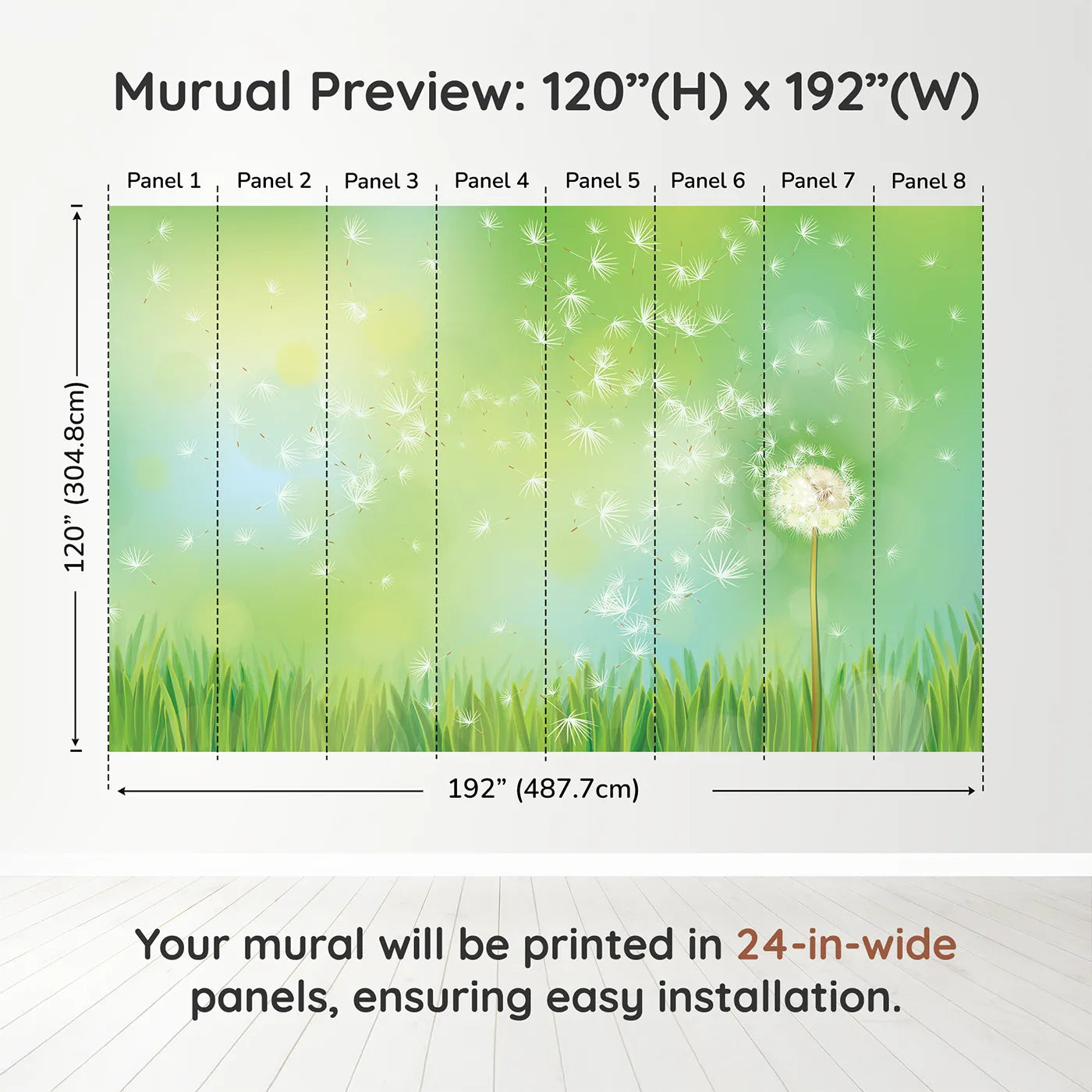 Whimsy Tots Dandelion Wishes Wall Muraldimension view (120" H x 192" W). Printed in eight 24-inch-wide panels. Gender-Neutral