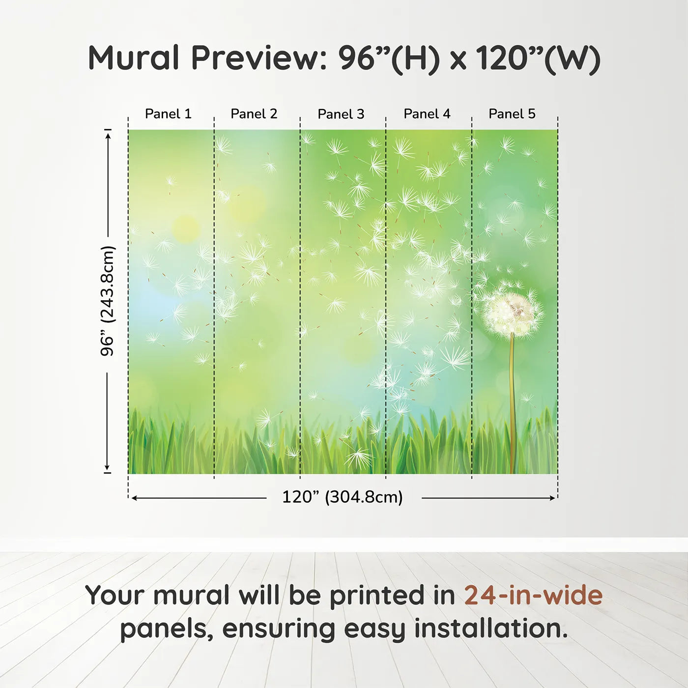 Whimsy Tots Dandelion Wishes Wall Muraldimension view (96" H x 120" W). Printed in five 24-inch-wide panels. Gender-Neutral
