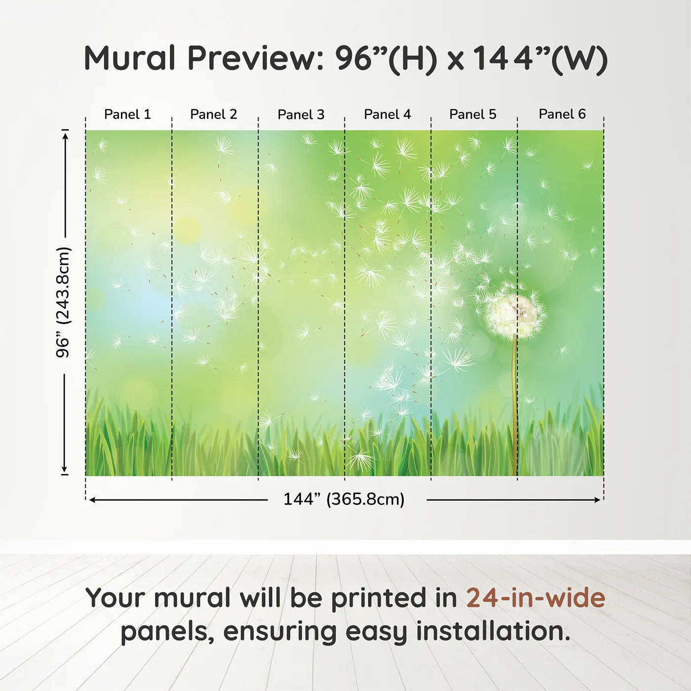 Whimsy Tots Dandelion Wishes Wall Muraldimension view (96" H x 144" W). Printed in six 24-inch-wide panels. Gender-Neutral