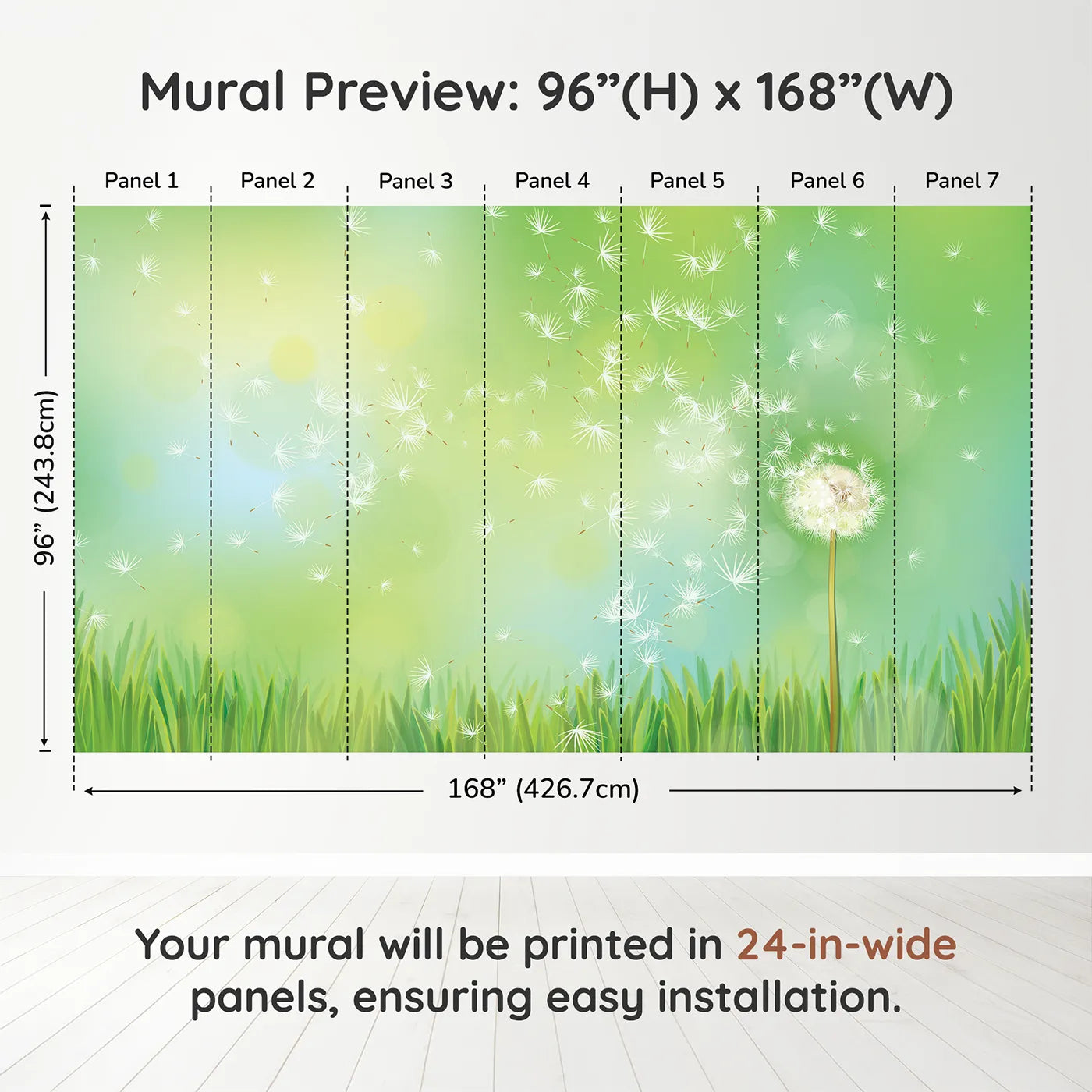 Whimsy Tots Dandelion Wishes Wall Muraldimension view (96" H x 168" W). Printed in seven 24-inch-wide panels. Gender-Neutral