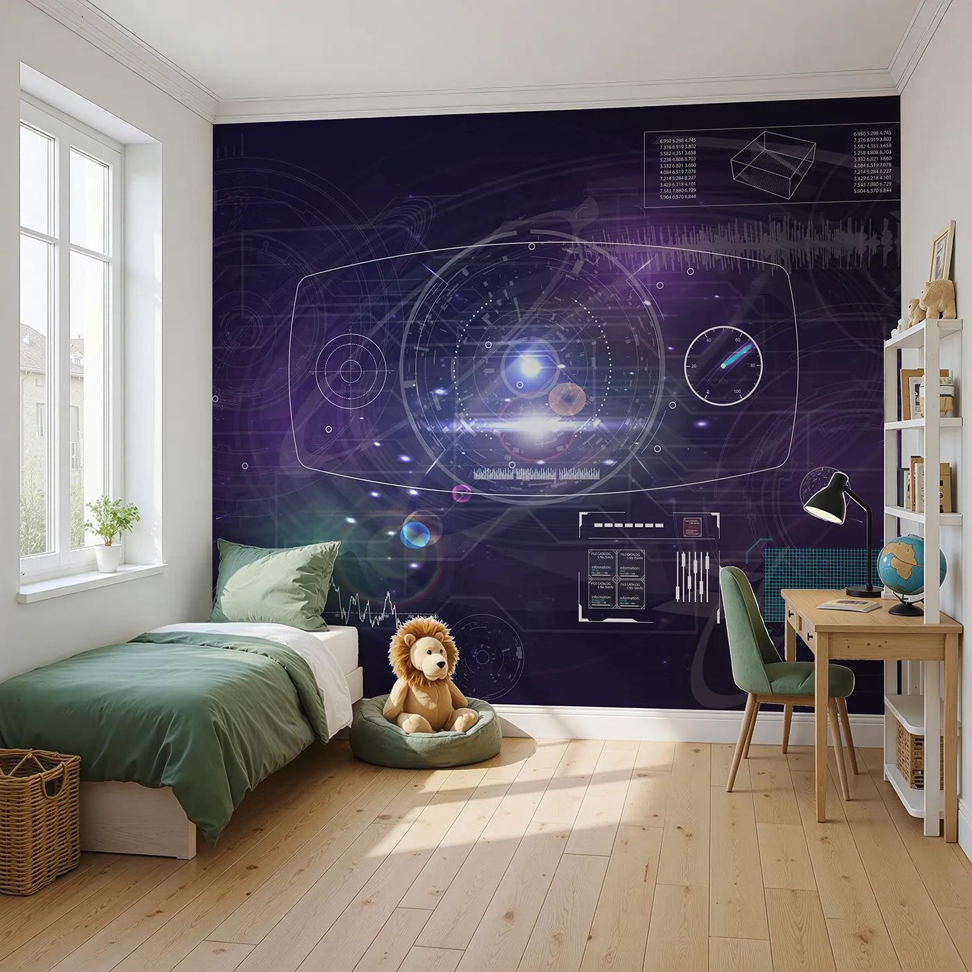 Angled view of Whimsy Tots' Futuristic Data Hub Wall Mural (Turn Their Room into a High-Tech Command Center).Gender-Neutral