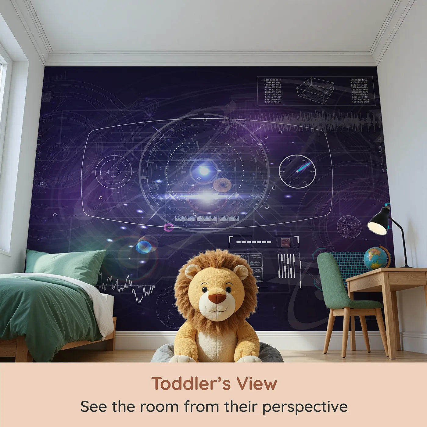 Whimsy Tots Futuristic Data Hub Wall Mural (Turn Their Room into a High-Tech Command Center) from your child's view.Gender-Neutral