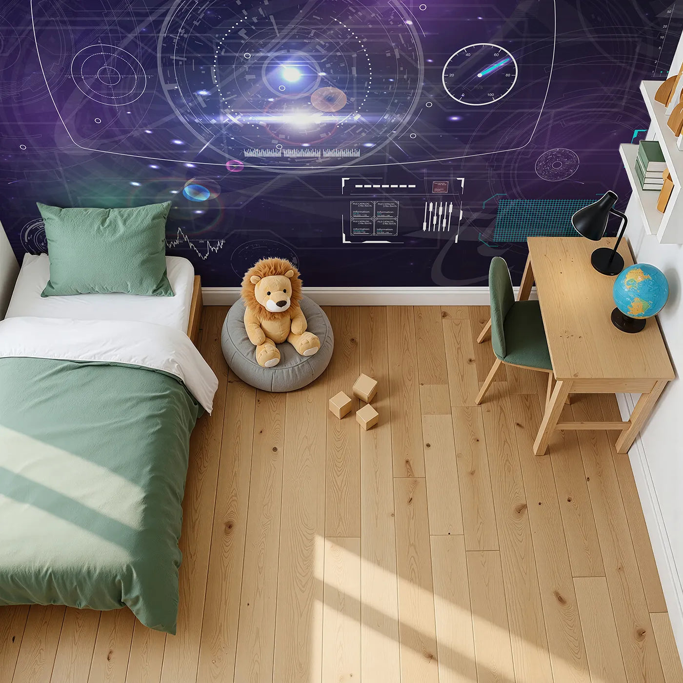 Top-down view of Whimsy Tots' Futuristic Data Hub Wall Mural (Turn Their Room into a High-Tech Command Center).Gender-Neutral