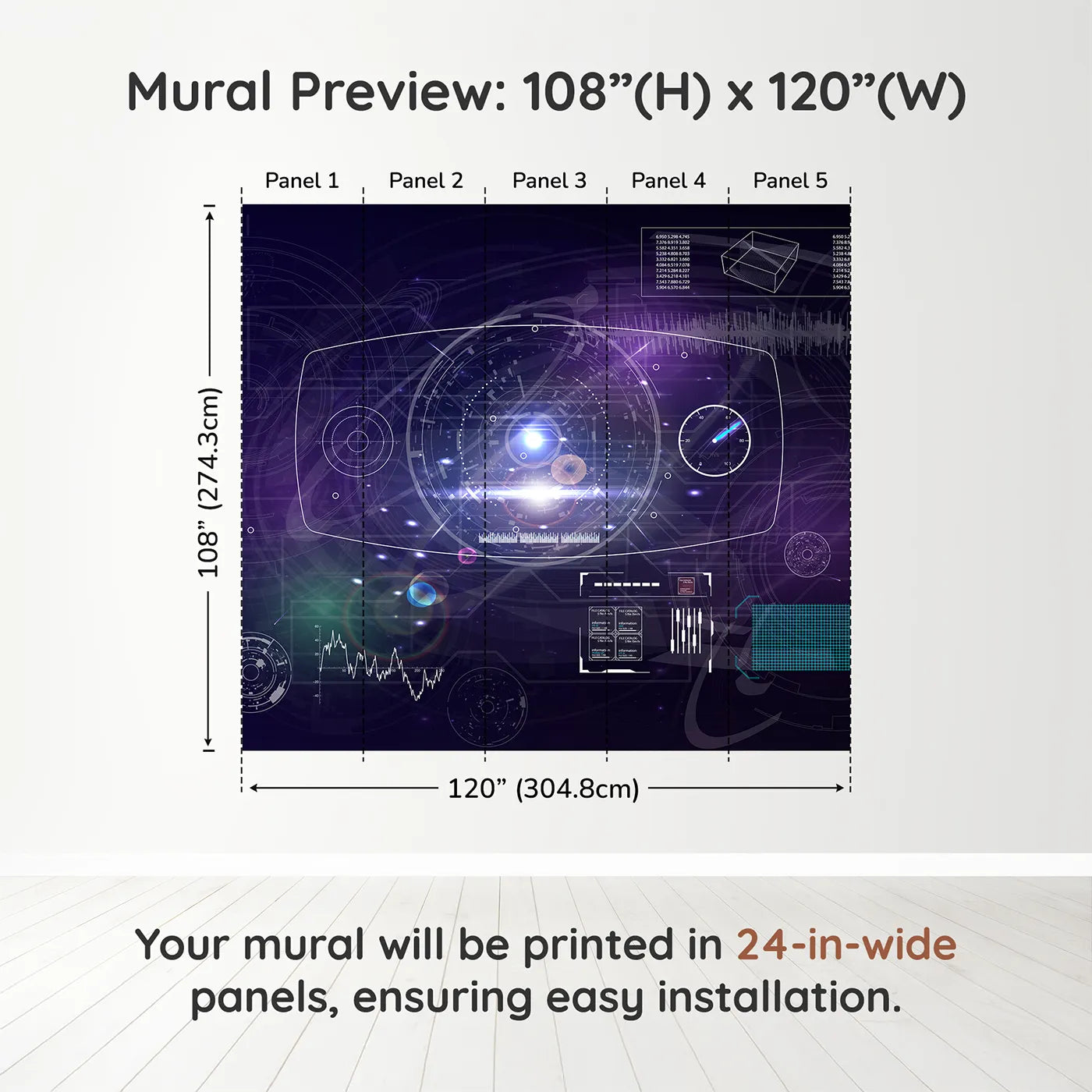 Whimsy Tots Futuristic Data Hub Wall Muraldimension view (108" H x 120" W). Printed in five 24-inch-wide panels. Gender-Neutral