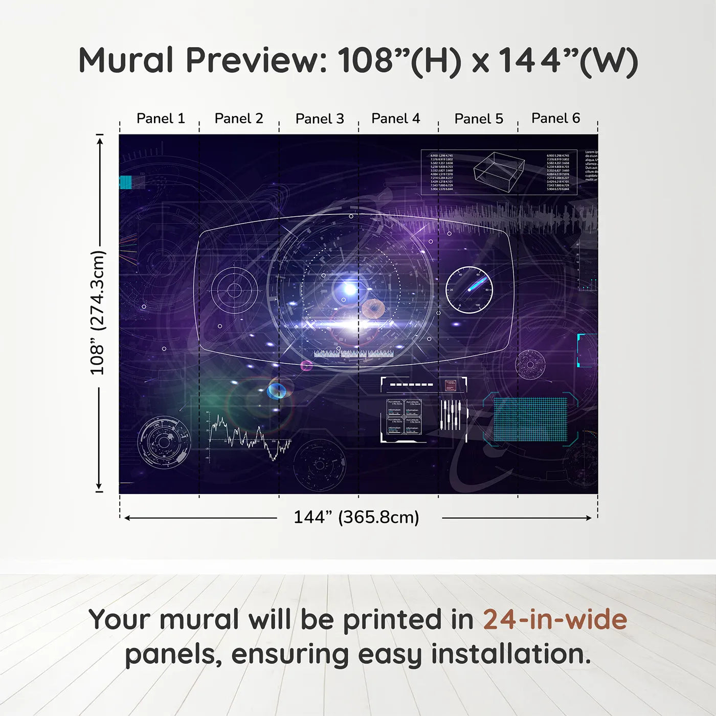 Whimsy Tots Futuristic Data Hub Wall Muraldimension view (108" H x 144" W). Printed in six 24-inch-wide panels. Gender-Neutral