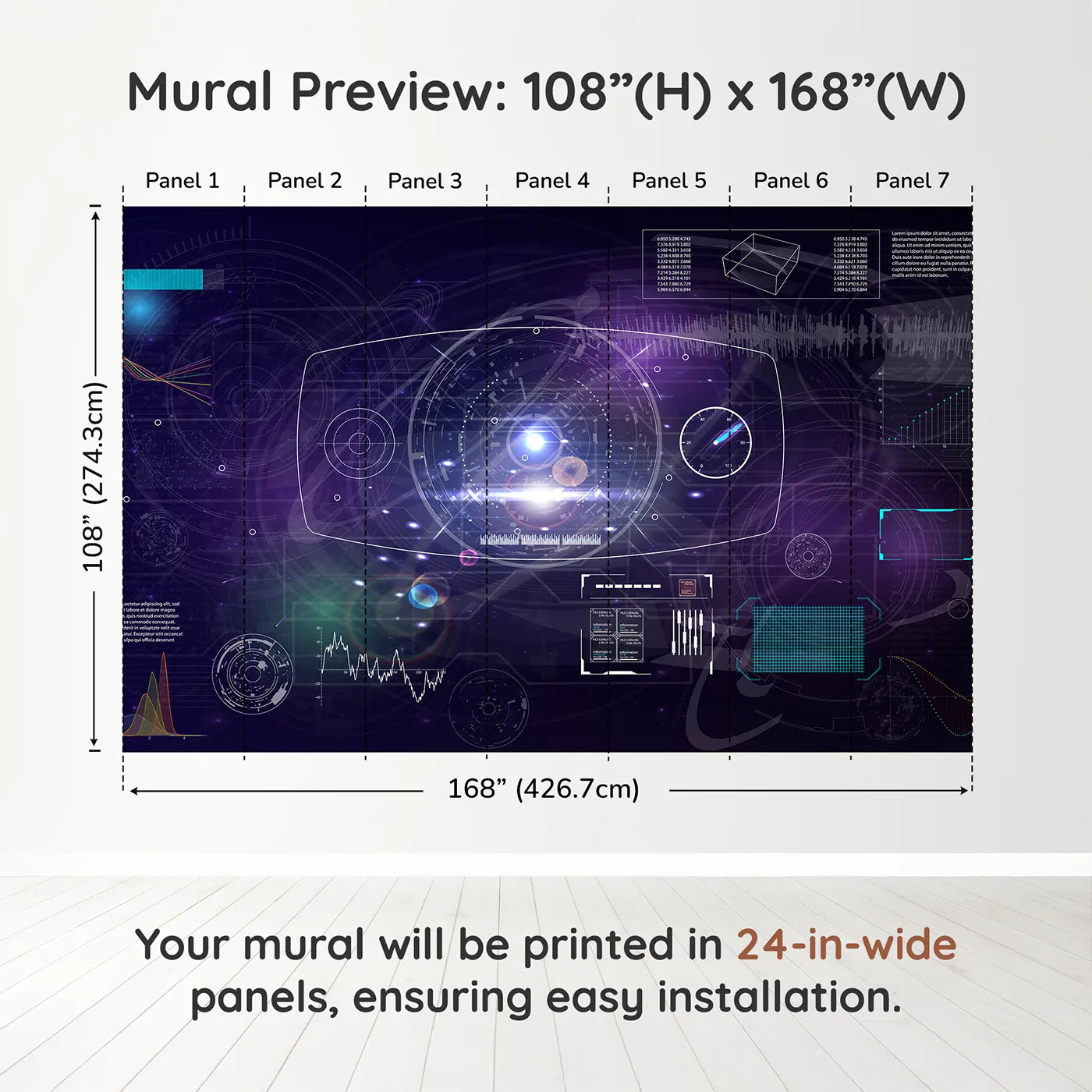 Whimsy Tots Futuristic Data Hub Wall Muraldimension view (108" H x 168" W). Printed in seven 24-inch-wide panels. Gender-Neutral