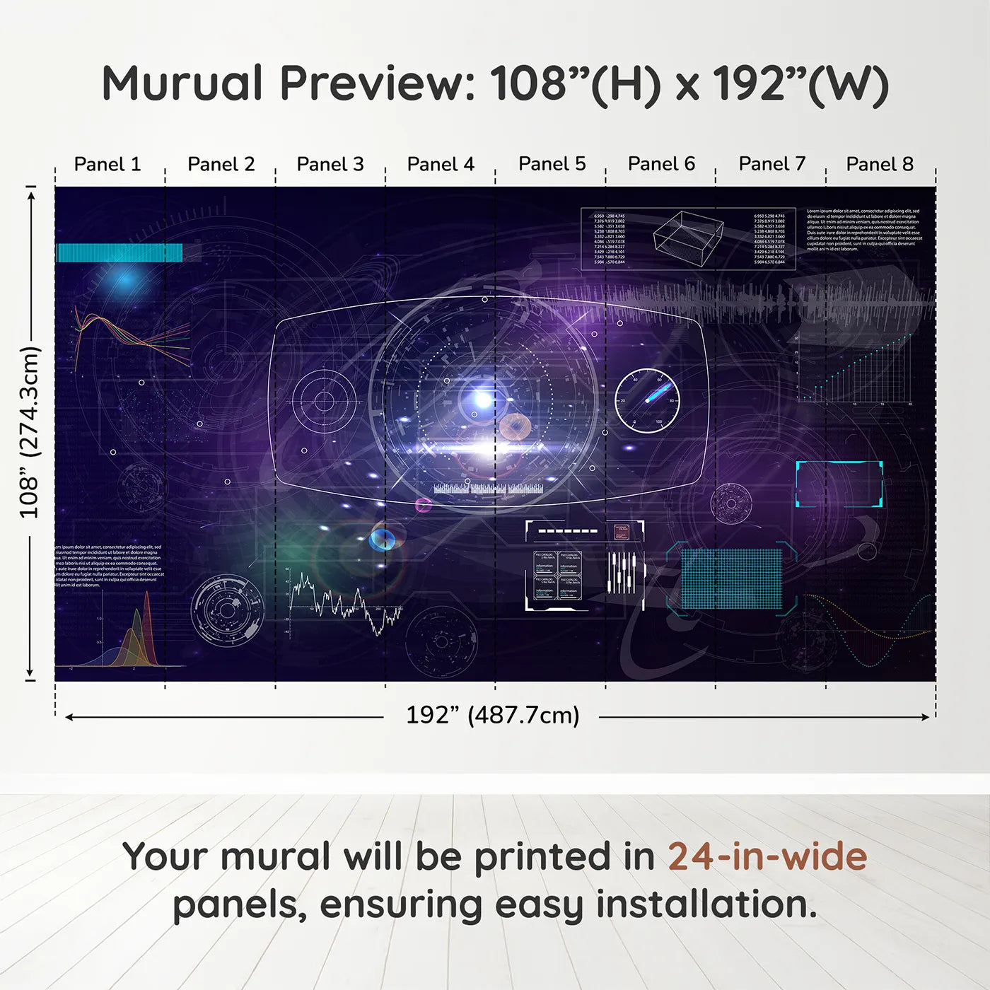 Whimsy Tots Futuristic Data Hub Wall Muraldimension view (108" H x 192" W). Printed in eight 24-inch-wide panels. Gender-Neutral