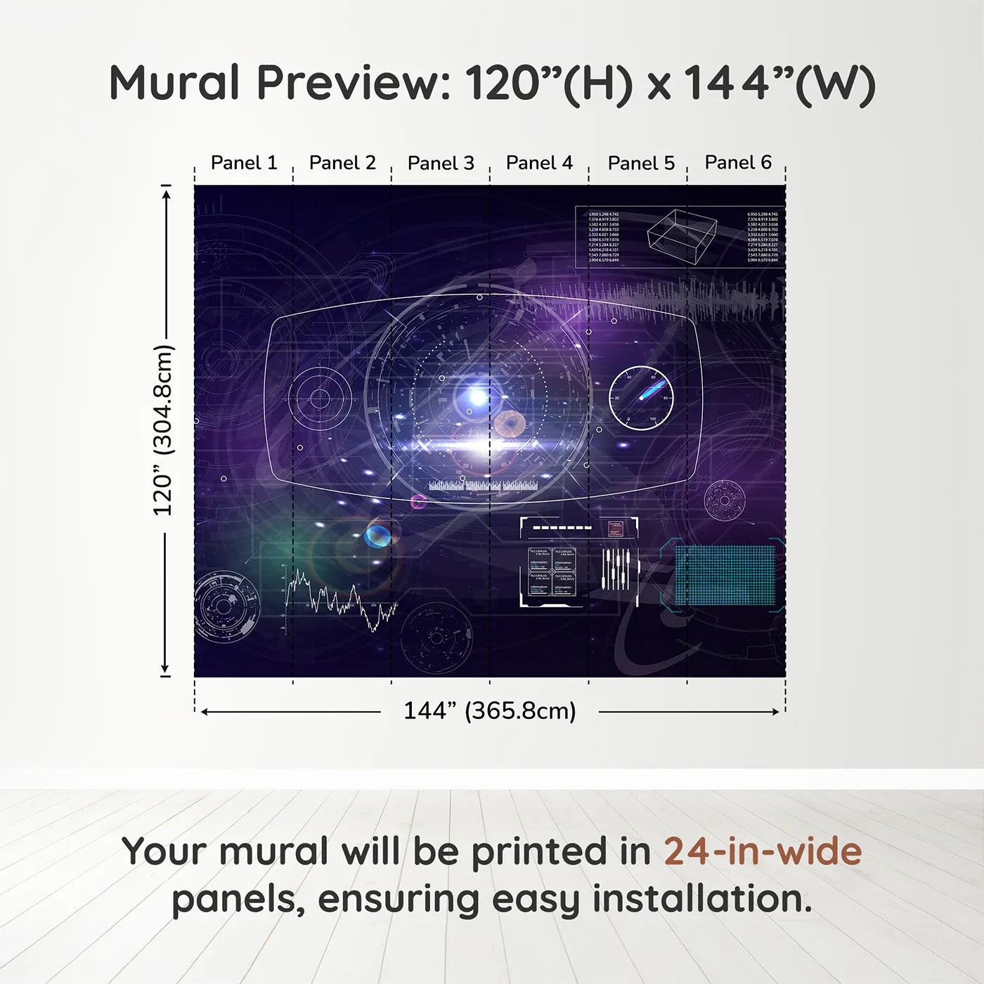 Whimsy Tots Futuristic Data Hub Wall Muraldimension view (120" H x 144" W). Printed in six 24-inch-wide panels. Gender-Neutral