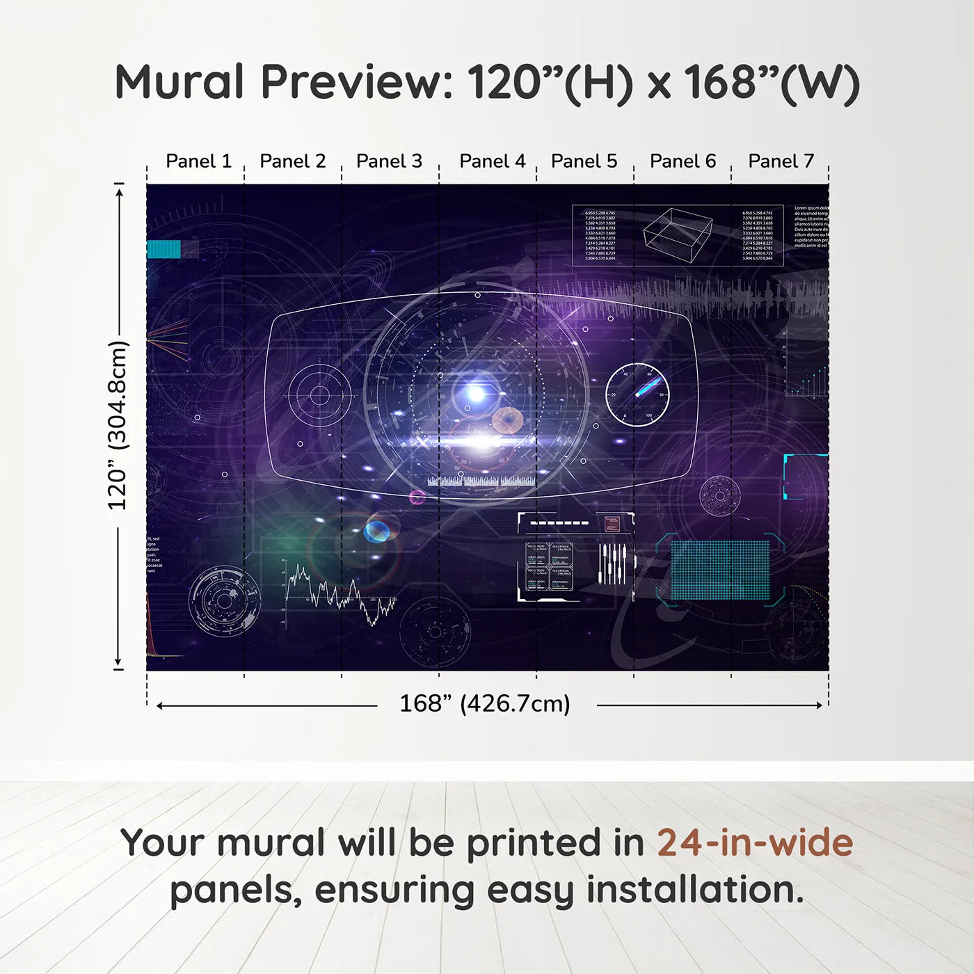 Whimsy Tots Futuristic Data Hub Wall Muraldimension view (120" H x 168" W). Printed in seven 24-inch-wide panels. Gender-Neutral