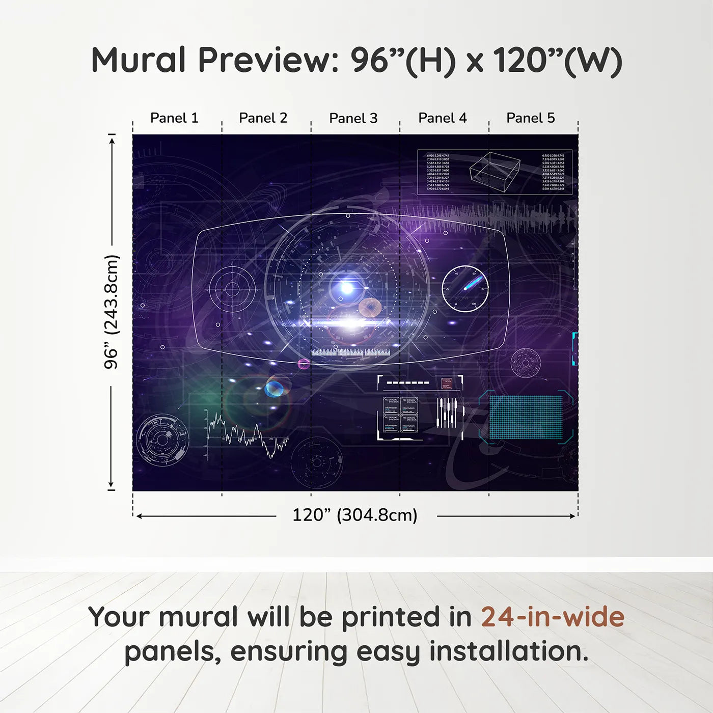 Whimsy Tots Futuristic Data Hub Wall Muraldimension view (96" H x 120" W). Printed in five 24-inch-wide panels. Gender-Neutral