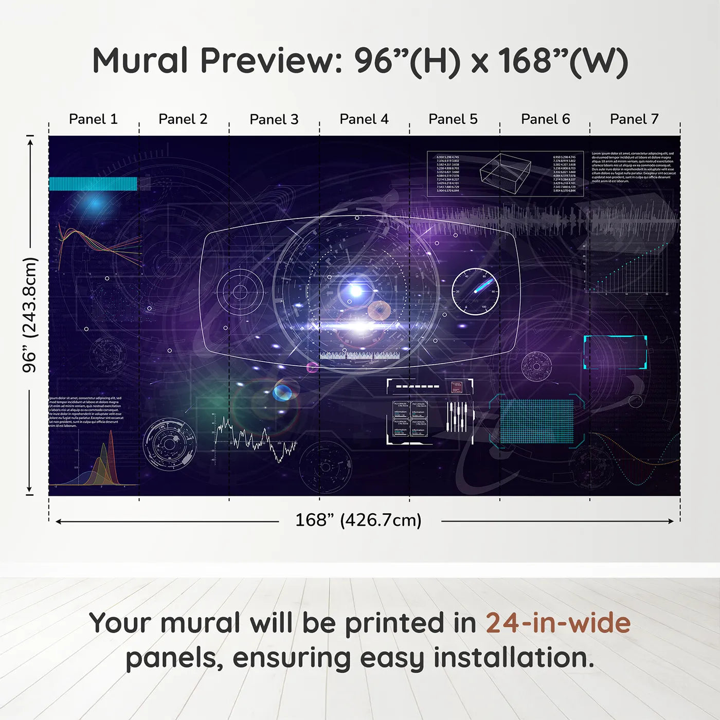Whimsy Tots Futuristic Data Hub Wall Muraldimension view (96" H x 168" W). Printed in seven 24-inch-wide panels. Gender-Neutral
