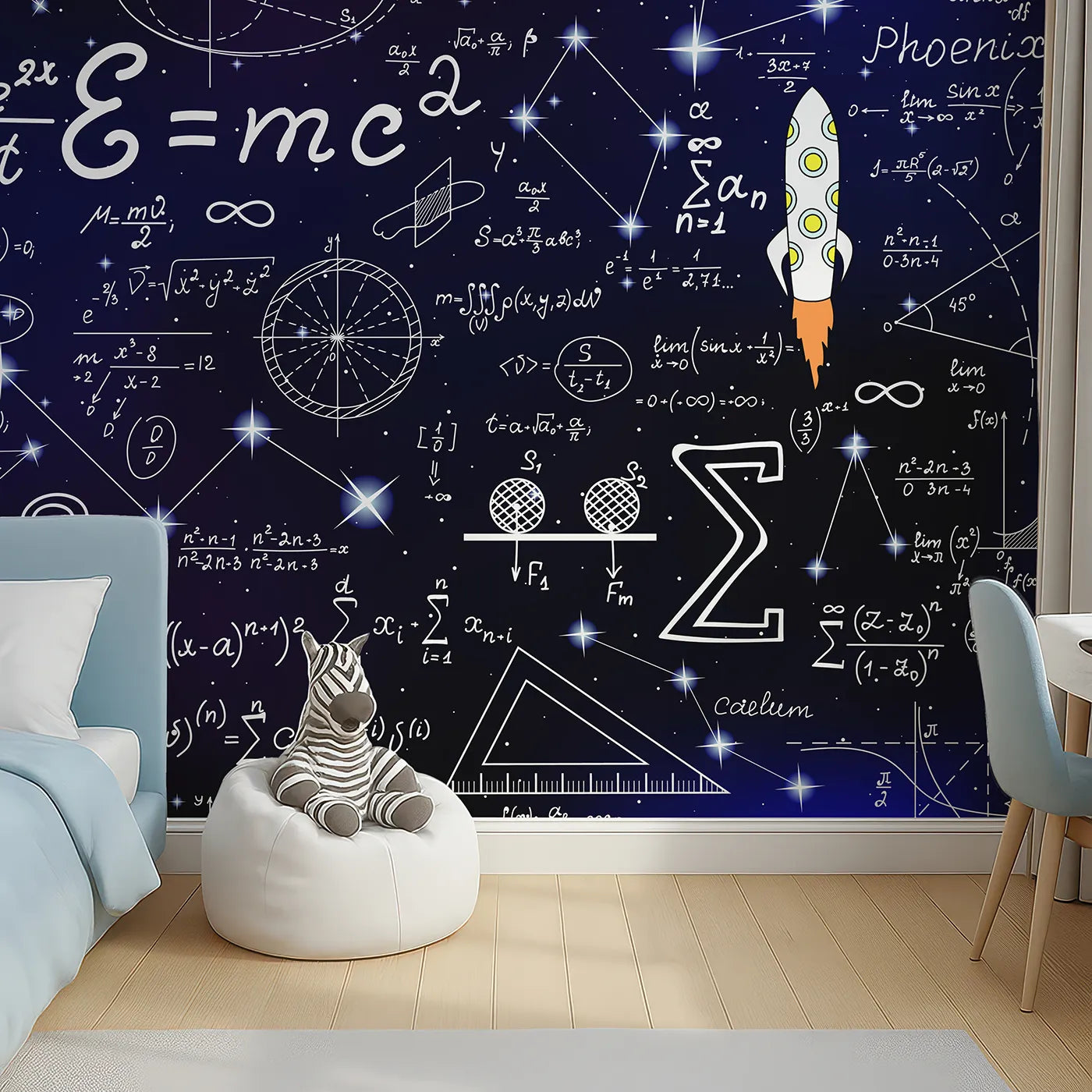 Top-down view of Whimsy Tots' Cosmic Equations Wall Mural (Turn Their Room into a Universe of Discovery).Gender-Neutral