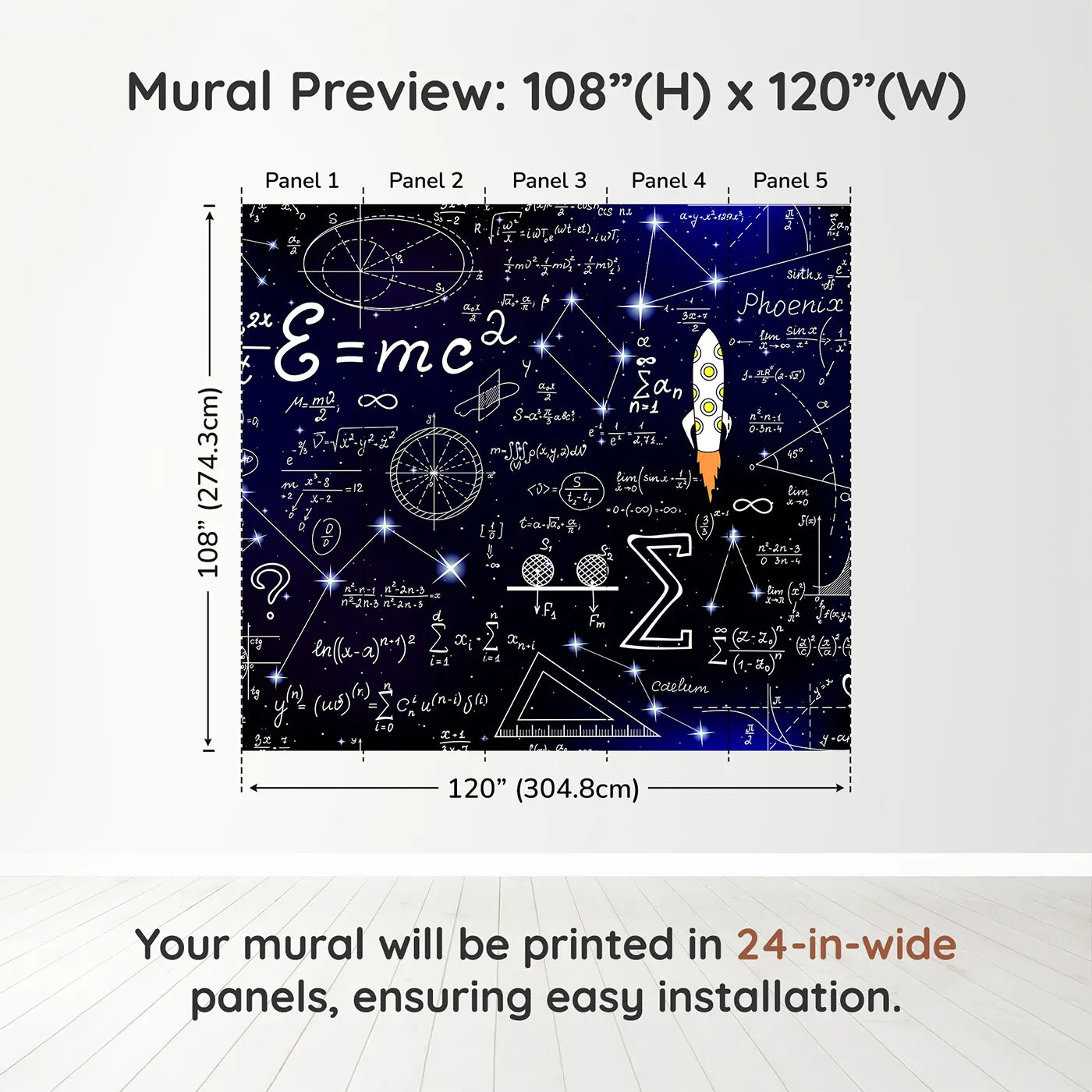 Whimsy Tots Cosmic Equations Wall Muraldimension view (108" H x 120" W). Printed in five 24-inch-wide panels. Gender-Neutral