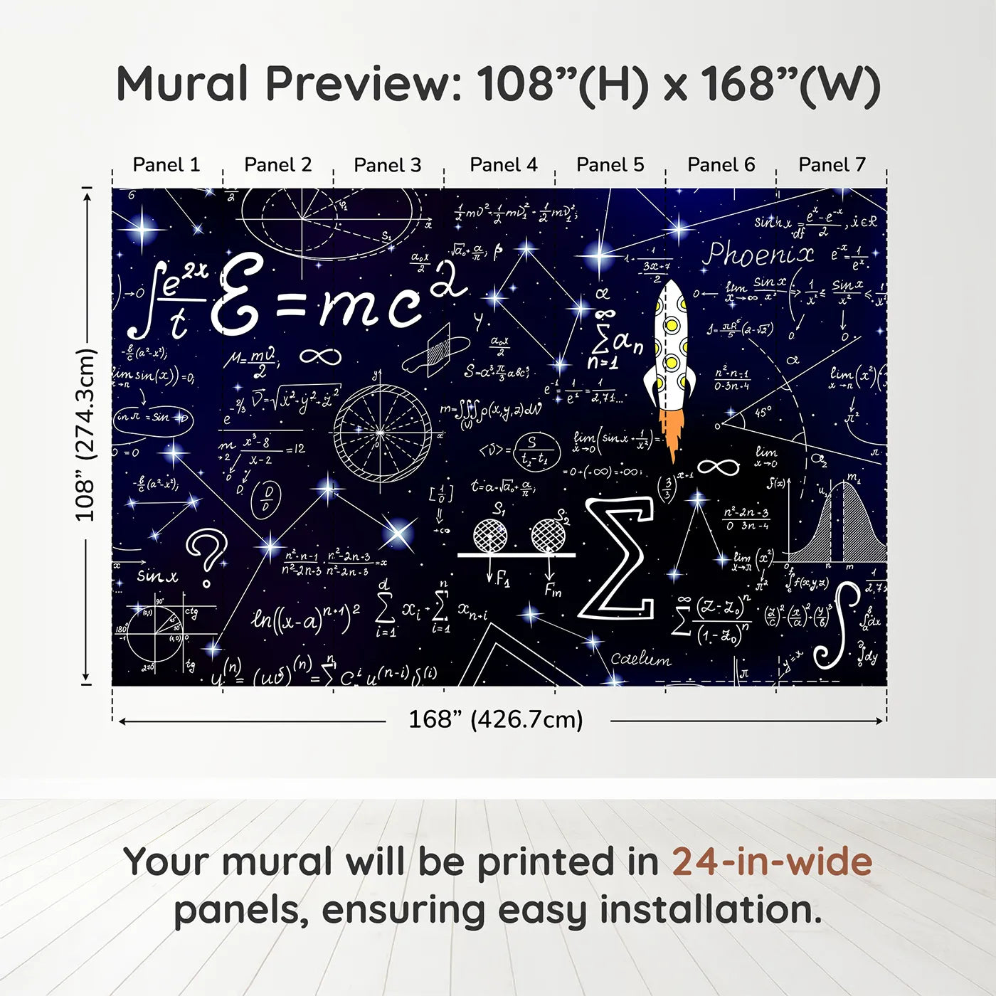 Whimsy Tots Cosmic Equations Wall Muraldimension view (108" H x 168" W). Printed in seven 24-inch-wide panels. Gender-Neutral