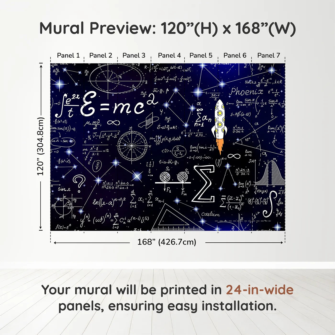 Whimsy Tots Cosmic Equations Wall Muraldimension view (120" H x 168" W). Printed in seven 24-inch-wide panels. Gender-Neutral