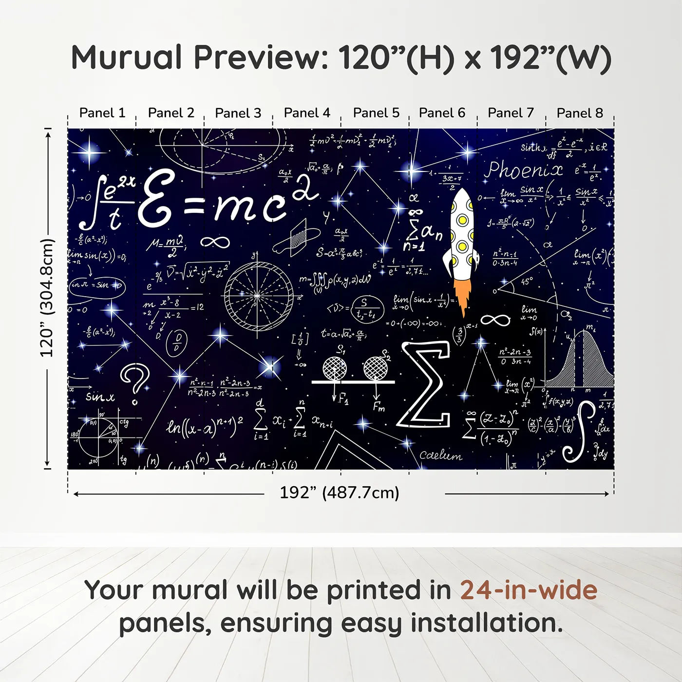Whimsy Tots Cosmic Equations Wall Muraldimension view (120" H x 192" W). Printed in eight 24-inch-wide panels. Gender-Neutral
