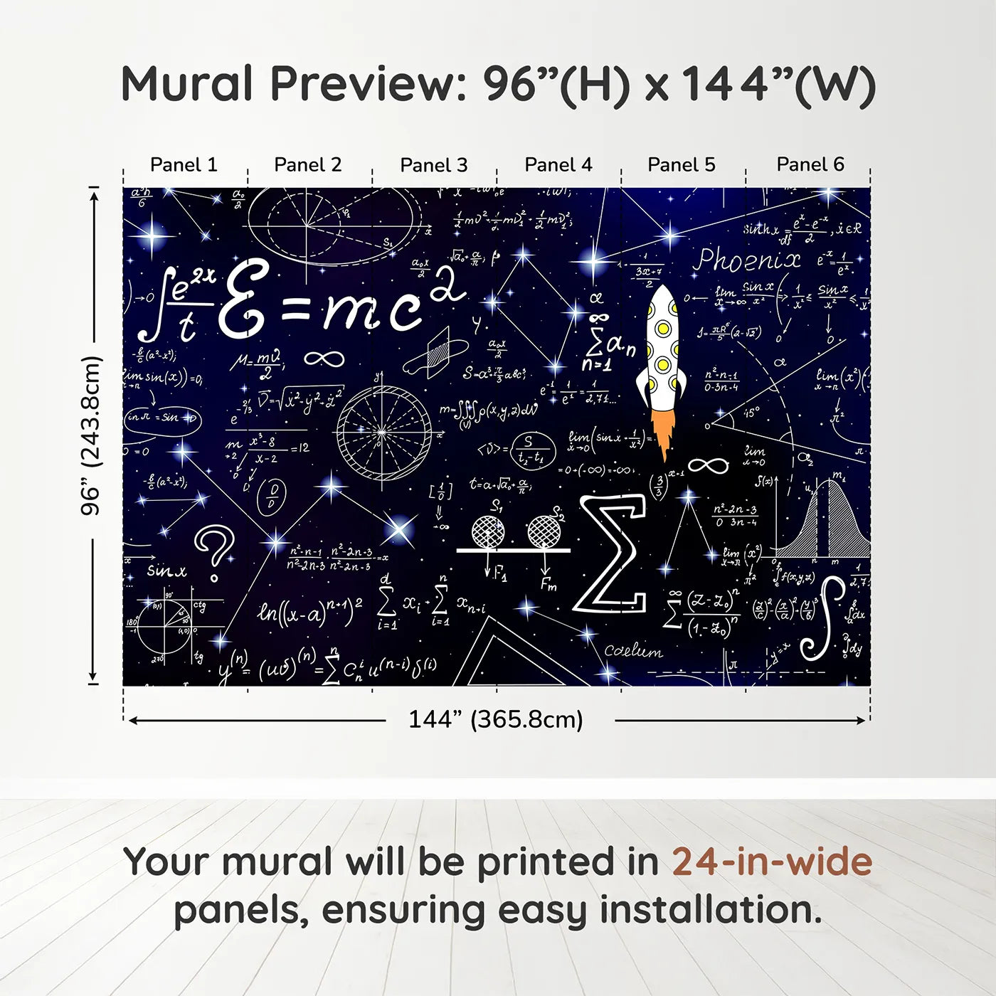 Whimsy Tots Cosmic Equations Wall Muraldimension view (96" H x 144" W). Printed in six 24-inch-wide panels. Gender-Neutral