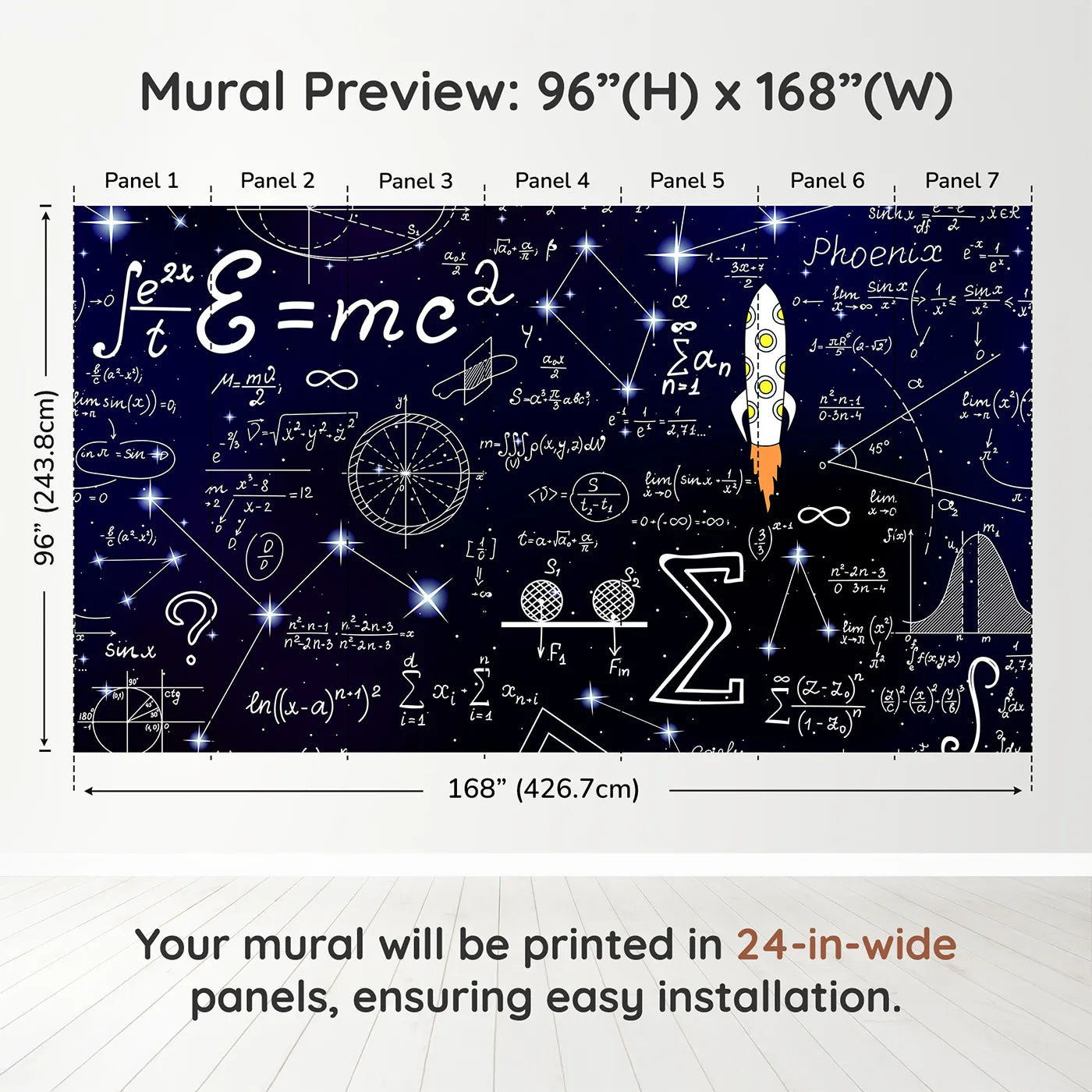 Whimsy Tots Cosmic Equations Wall Muraldimension view (96" H x 168" W). Printed in seven 24-inch-wide panels. Gender-Neutral
