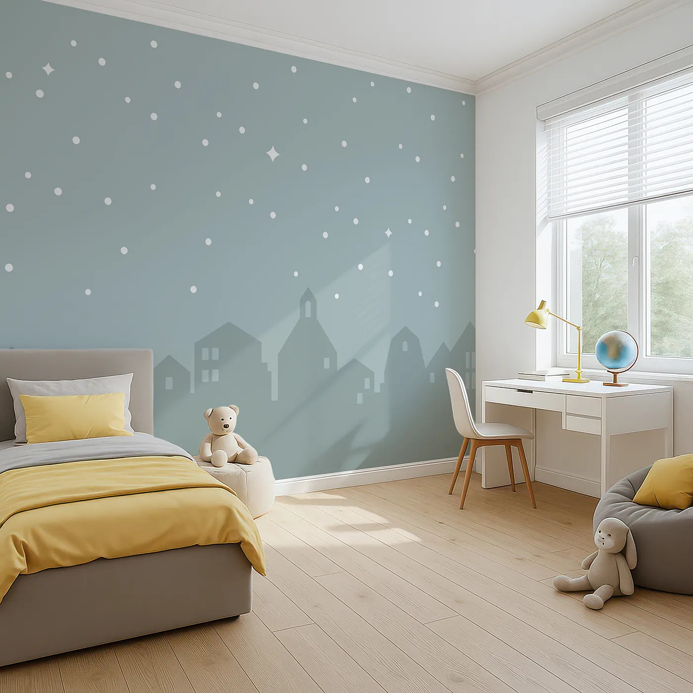 Angled view of Whimsy Tots' Starry Night Village Wall Mural (Turn Their Room into a Peaceful, Starlit Town).Gender-Neutral