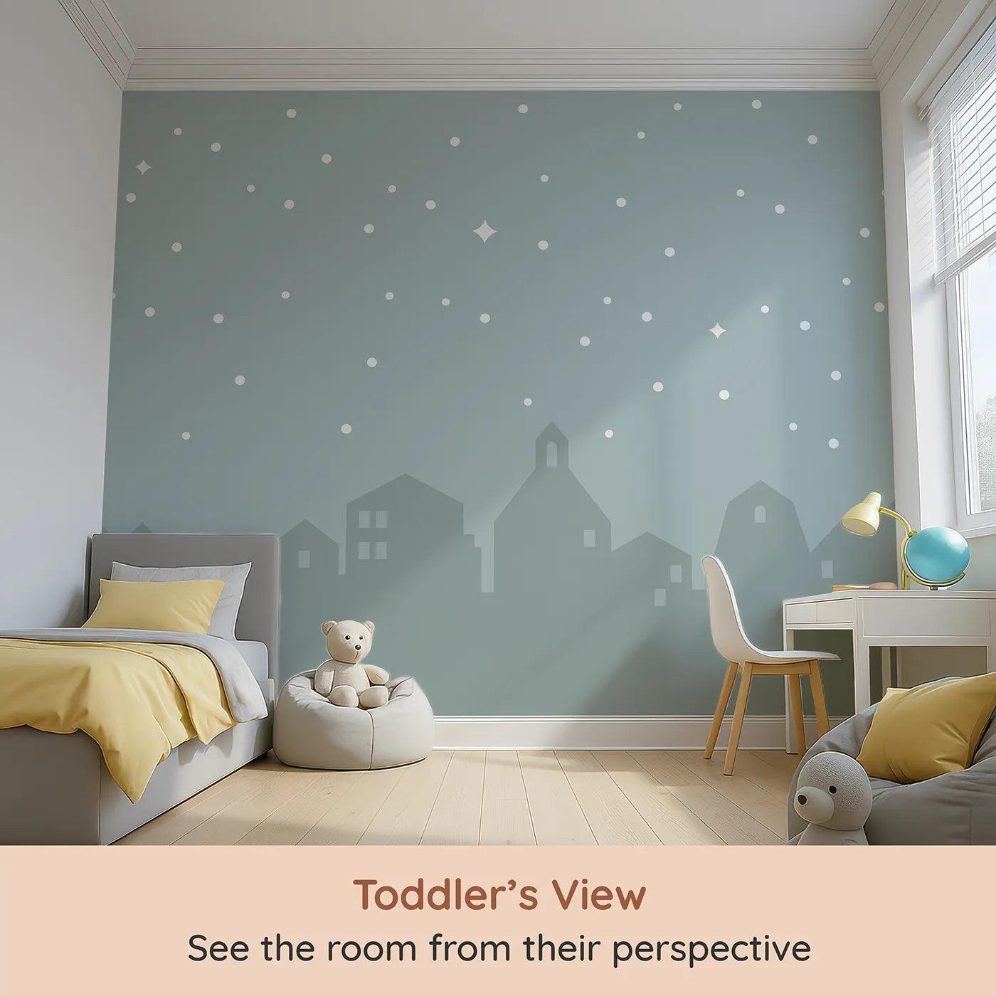 Whimsy Tots Starry Night Village Wall Mural (Turn Their Room into a Peaceful, Starlit Town) from your child's view.Gender-Neutral